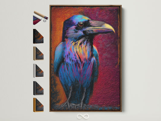 Framed artwork of a colorful raven. The artwork is in a brown frame. Several frame options are displayed on the side. Perfect wall art for living rooms and offices. It can add a touch of elegance to any space.