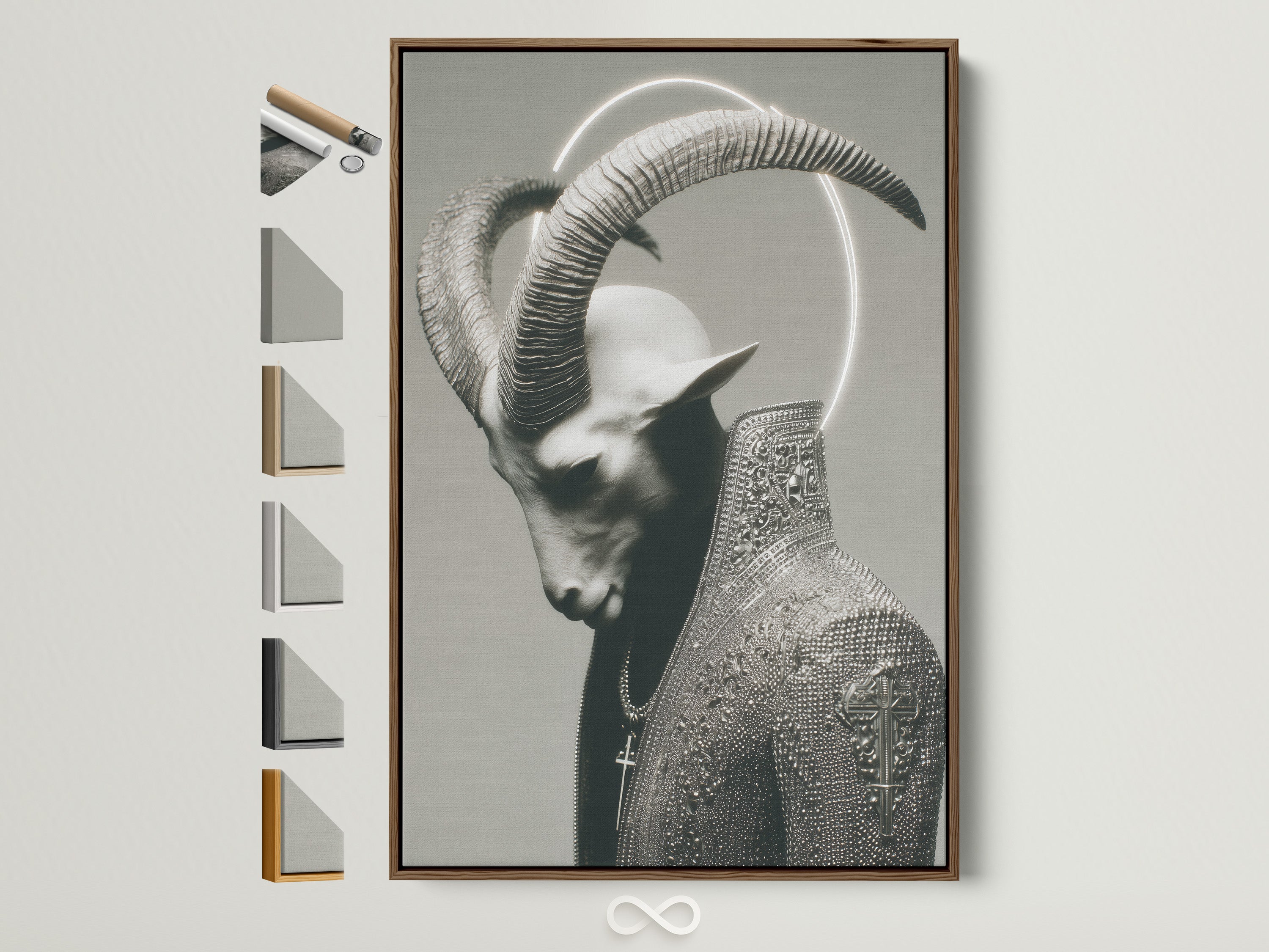 Gothic Horned Figure Art in a brown frame. The artwork features a dark surreal portrait on canvas. It is occult wall decor. It is perfect for a modern bedroom wall. Frame options are displayed on the side.
