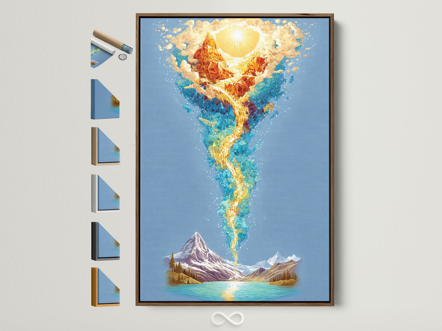 Abstract spiritual artwork with fire water elements in a brown frame. This canvas print features blue orange art perfect for a meditation room. See all frame options available for this piece of zen wall decor.