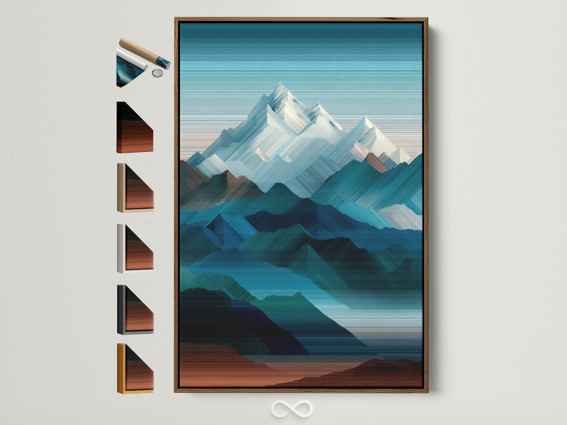 Brown frame displays mountain artwork. Frame options are showcased on the side. Find the perfect frame for your art. Discover various frame styles. This artwork enhances any room. Shop now