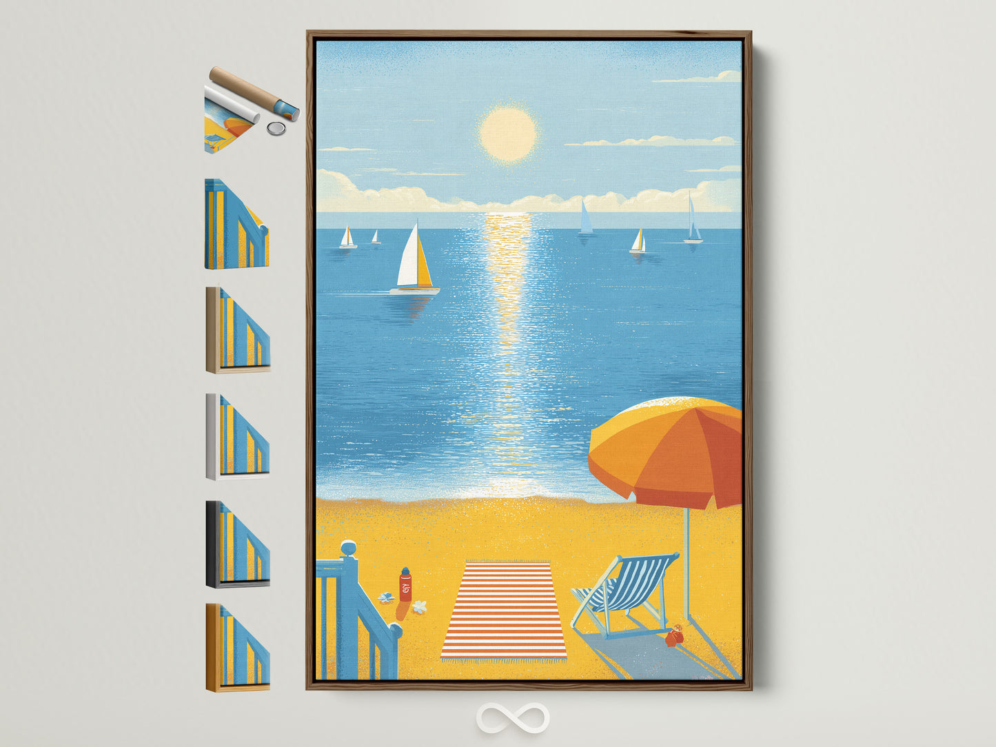 Beach scene artwork in a brown frame. This coastal wall art features a sailboat and summer theme. The frame showcases all available options. Perfect seaside artwork for your beach house decor.