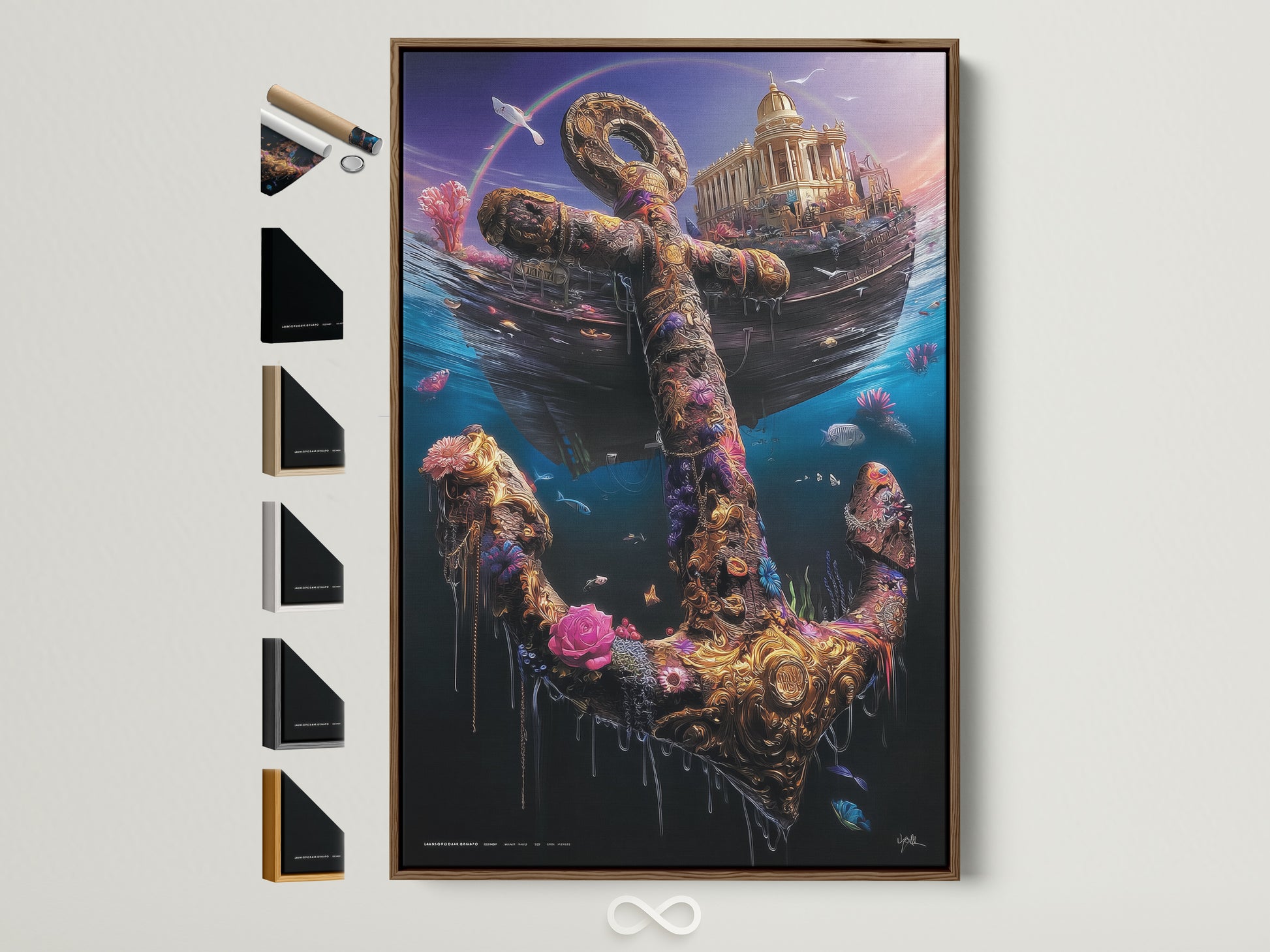 A captivating underwater anchor artwork is displayed in a brown frame. The art features a sunken ship a golden anchor adorned with flowers and sea life. Frame options are visible showcasing the versatility of presentation. This nautical print adds coastal charm to any room.