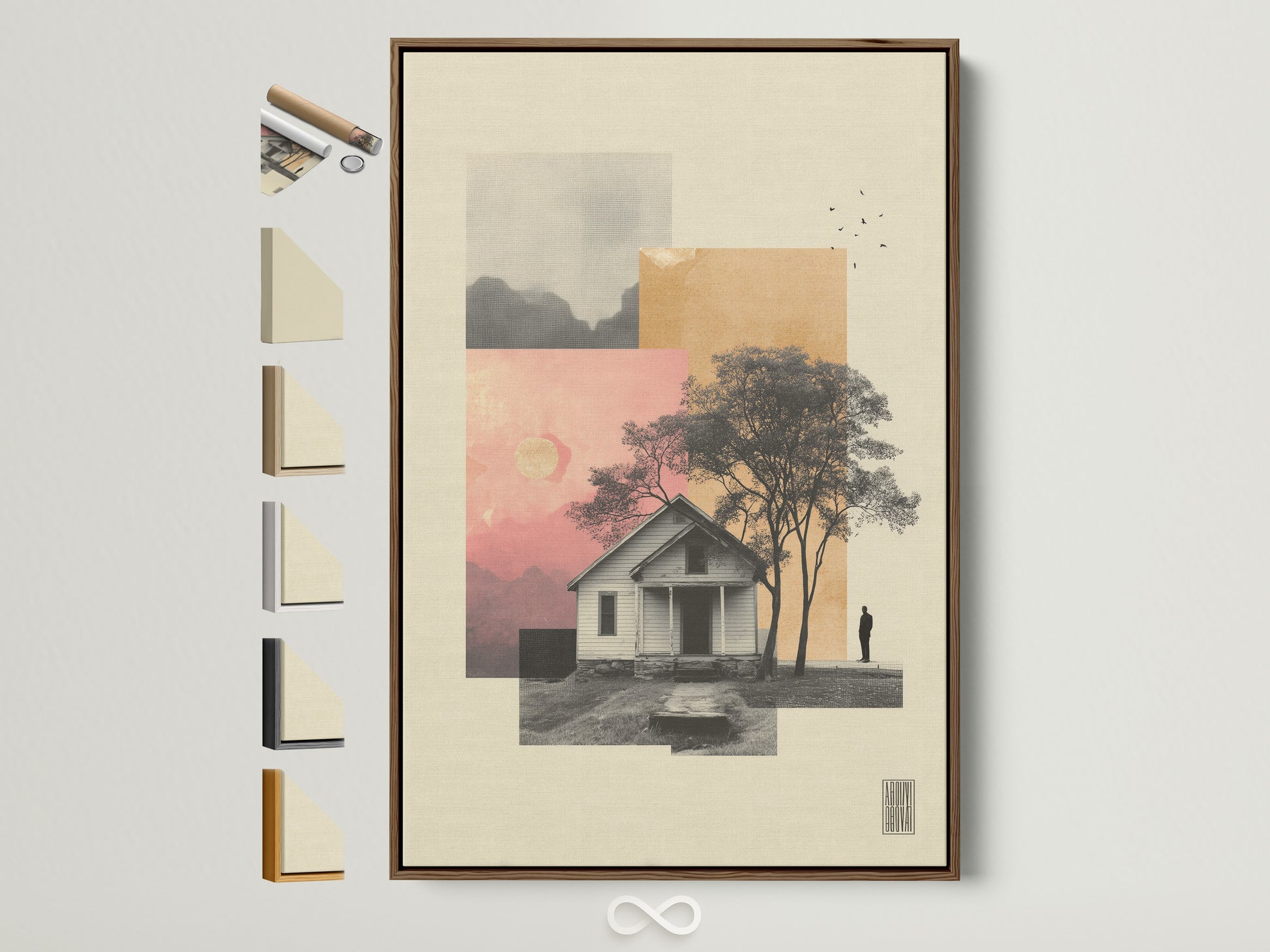 Framed artwork hangs on a wall. This brown frame has all frame options on the side. The artwork is visible. Consider this frame to showcase your art. It enhances any room's aesthetic appeal beautifully.