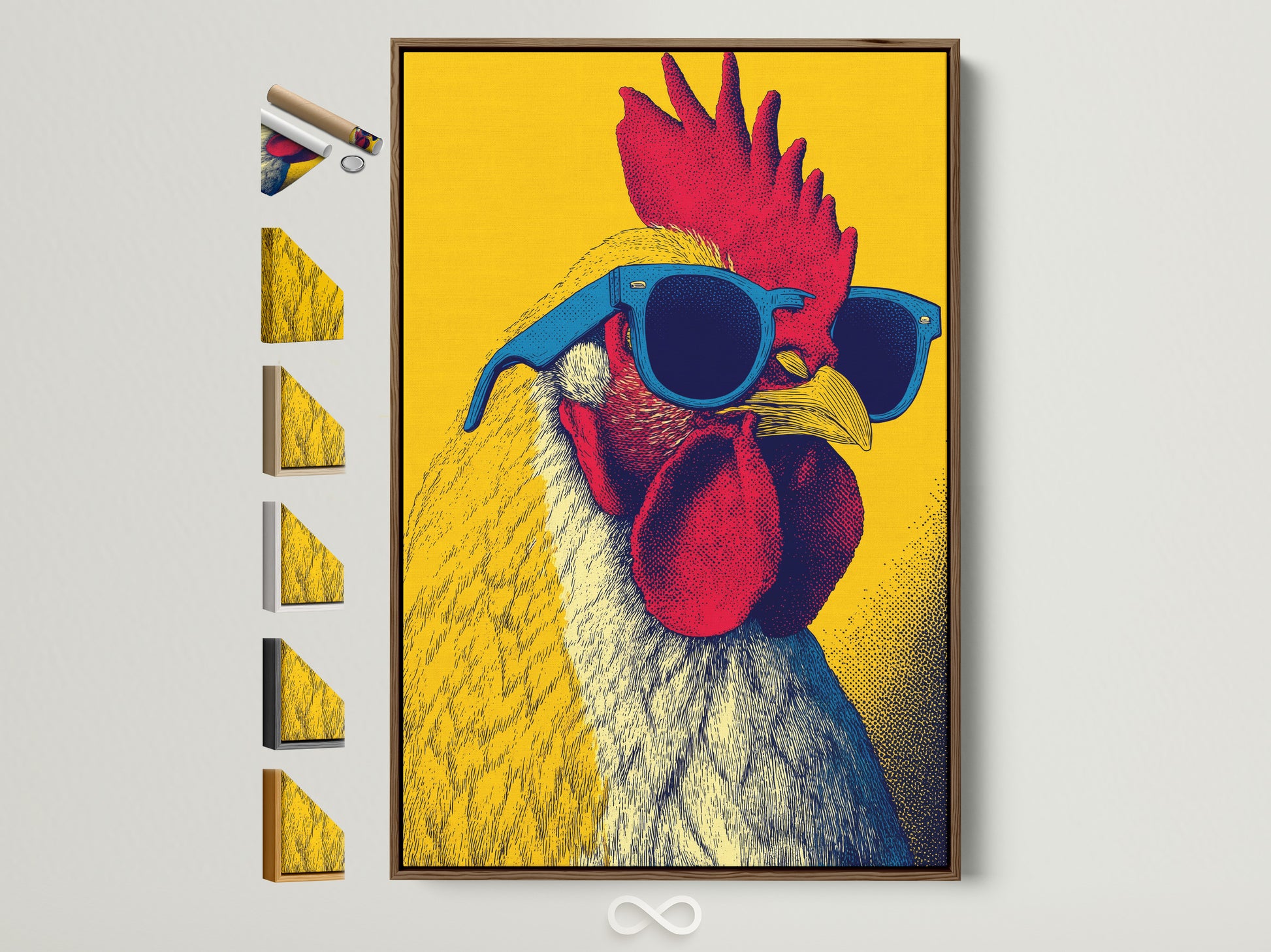 Explore art framing options. The brown frame is shown with all available frame styles displayed on the side. Find the perfect frame to complement your art. Many options are available to match any aesthetic.