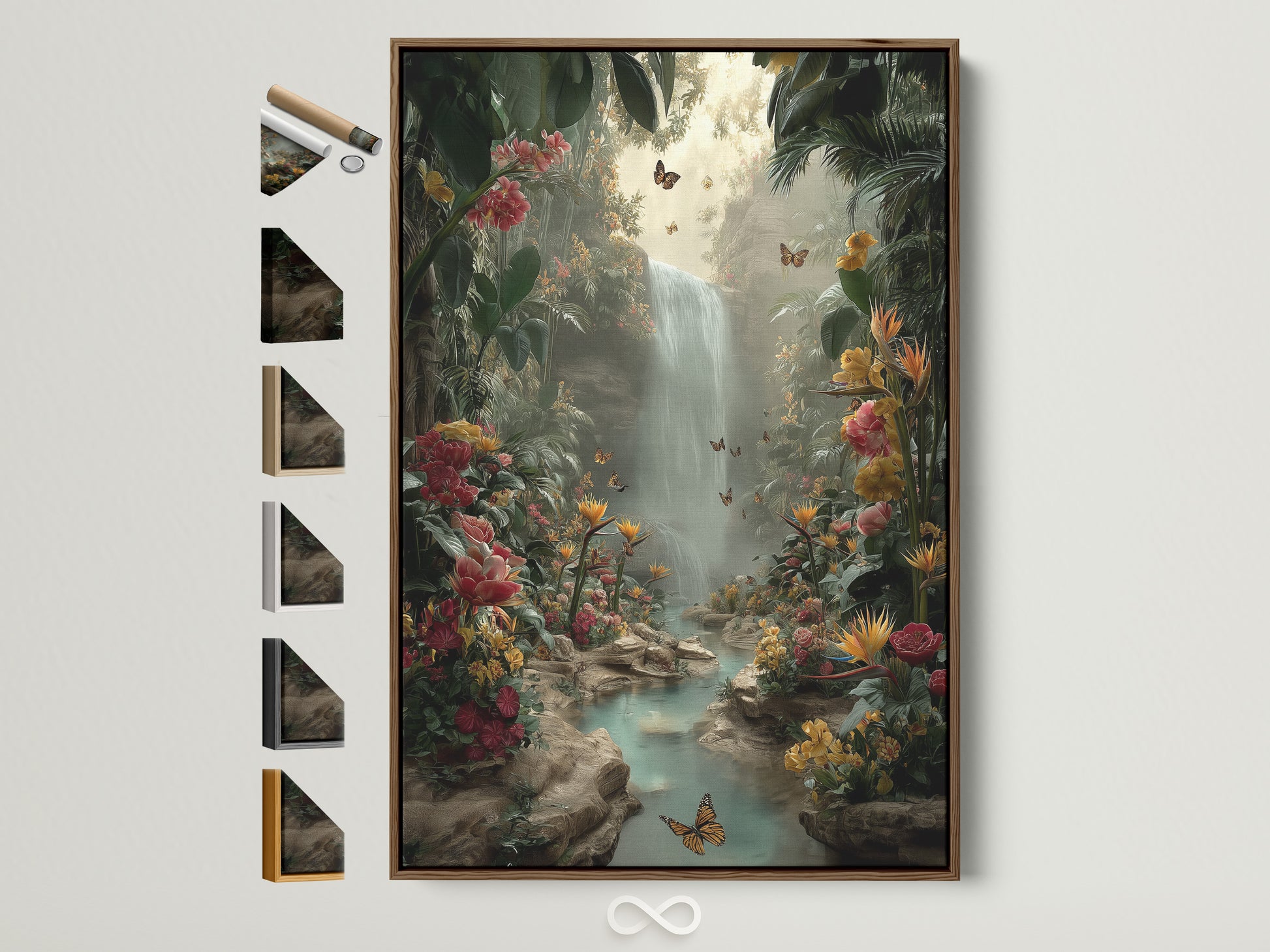 Tropical Waterfall canvas artwork with a brown frame. The artwork features a lush jungle paradise with vibrant flowers and butterflies. A serene waterfall cascades into a clear pool. This framed art brings a touch of nature and tranquility to any room. View the frame options for this artwork.
