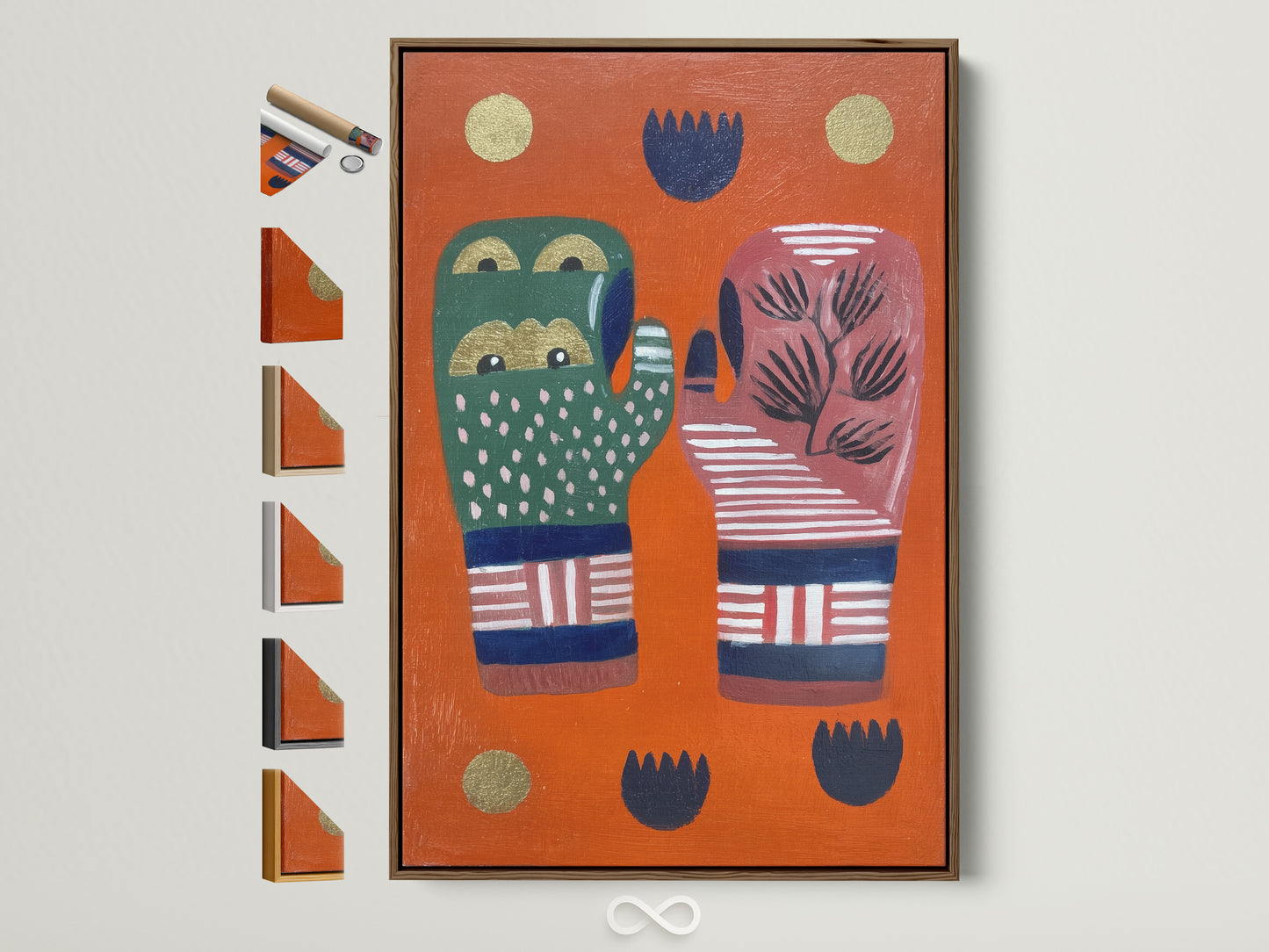 A vibrant abstract hands artwork is displayed in a brown frame. The print features bold colors and playful folk art elements. Various frame options are showcased on the side for easy customization. This artwork adds a unique touch to any space. It is perfect for eclectic and modern decor styles.