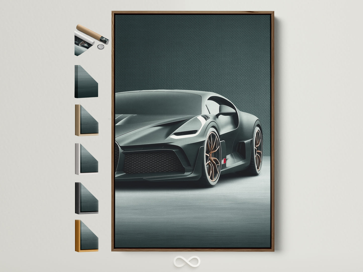 A luxury sports car artwork is displayed in a brown frame. The frame showcases various options available. Perfect for automotive enthusiasts and modern decor. Explore frame choices to enhance your supercar poster.