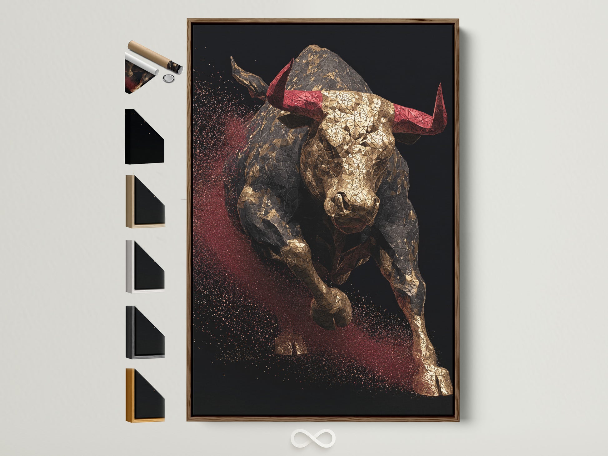 Artwork featuring a bull with red horns. The bull art is displayed in a brown frame. On the side you can see all the frame options available. Perfect art to showcase in your home or office. Great art for any room in the house