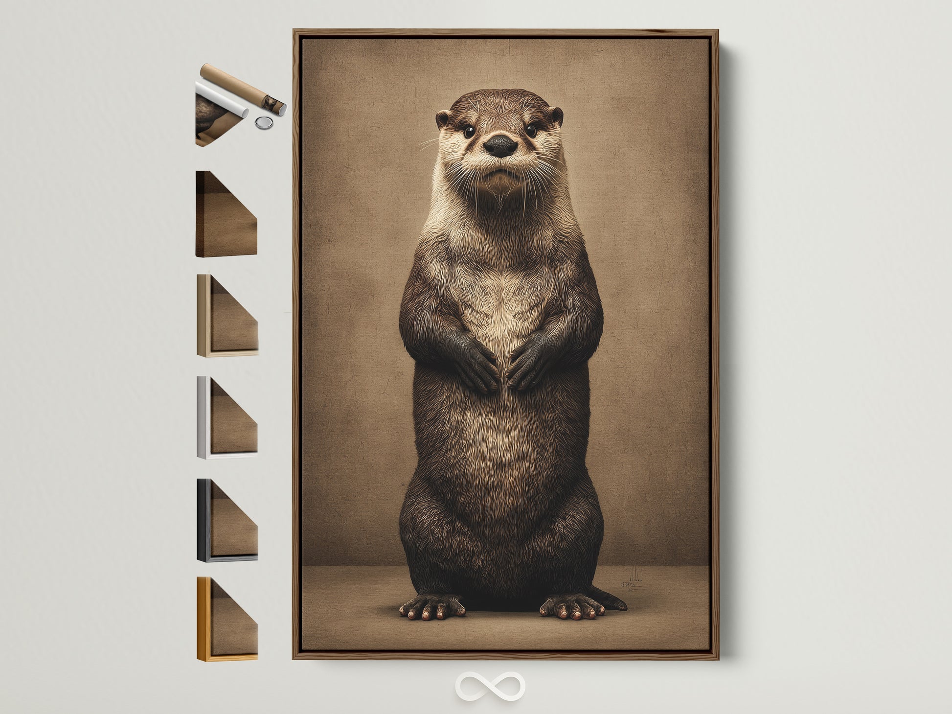 Brown frame showcasing an otter art print. See frame options on the side. The artwork features a whimsical animal. It is perfect wall art for a nursery or bathroom. This cute wildlife canvas print adds charm to any room. It complements minimalist and rustic styles