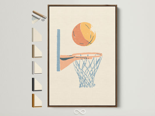 Artwork featuring a basketball above a net is displayed in a brown frame. The frame options are visible beside it. This showcases the various framing choices available for fine art prints.