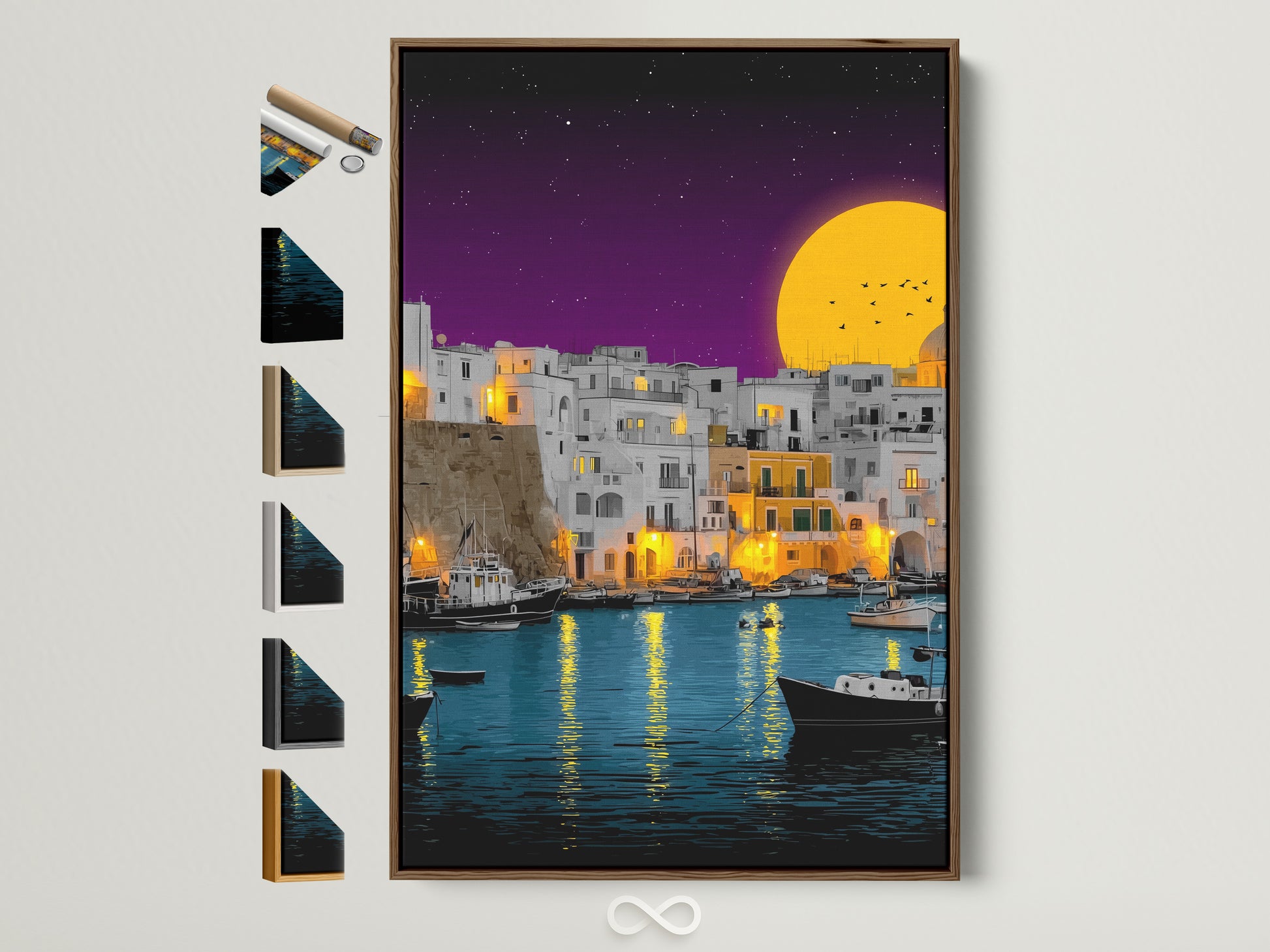 Coastal village artwork is beautifully framed in brown. The print showcases a Mediterranean harbor at twilight. See all frame options available on the side. Perfect coastal wall art for homeowners renters or business owners seeking elevated contemporary wall decor.