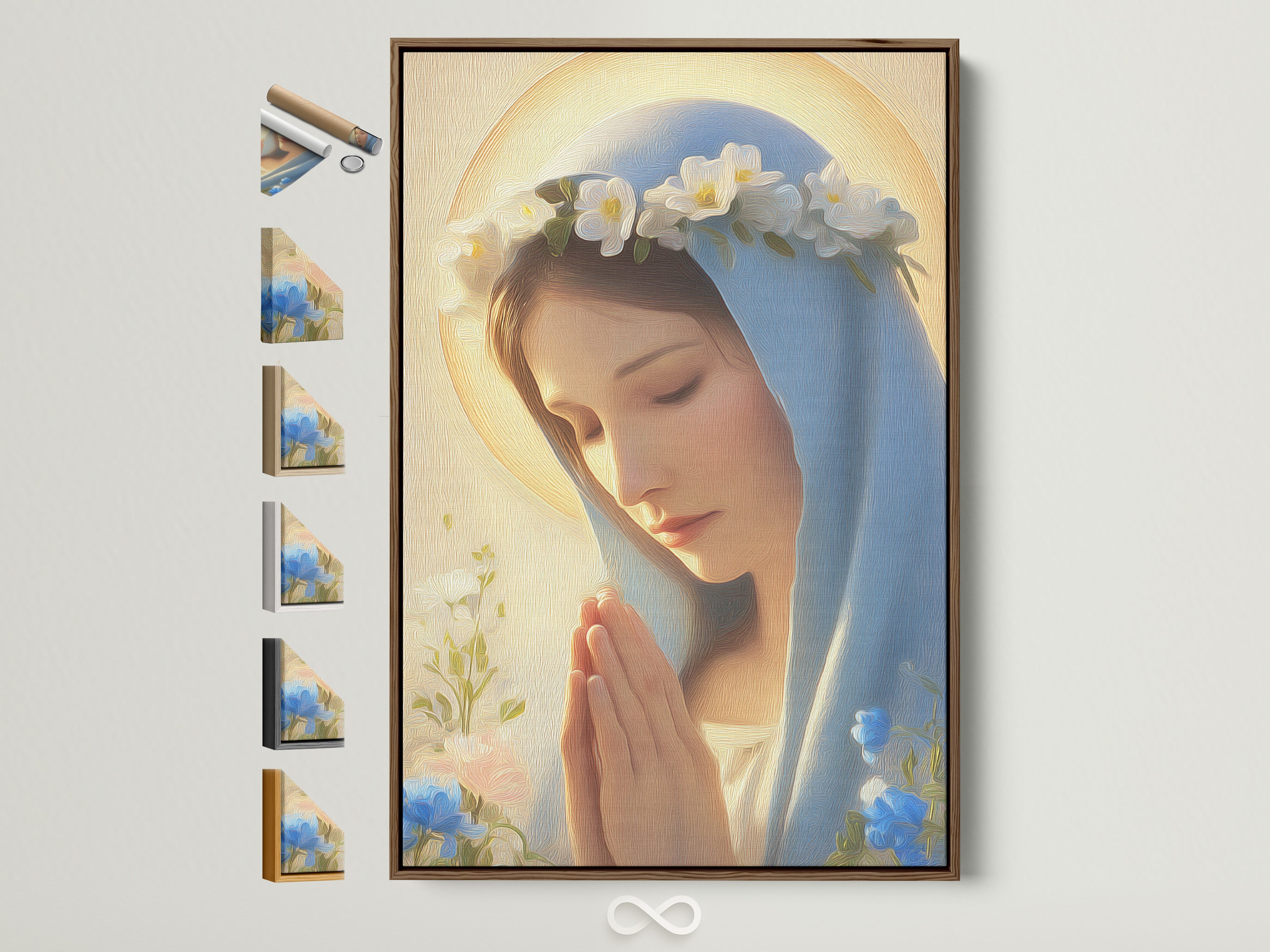 A serene Virgin Mary artwork is displayed within a brown frame. The frame is one of many options available. See the frame choices to customize your sacred heart print. This religious wall art adds a spiritual touch to any room. Perfect for homeowners and renters seeking reverent art.