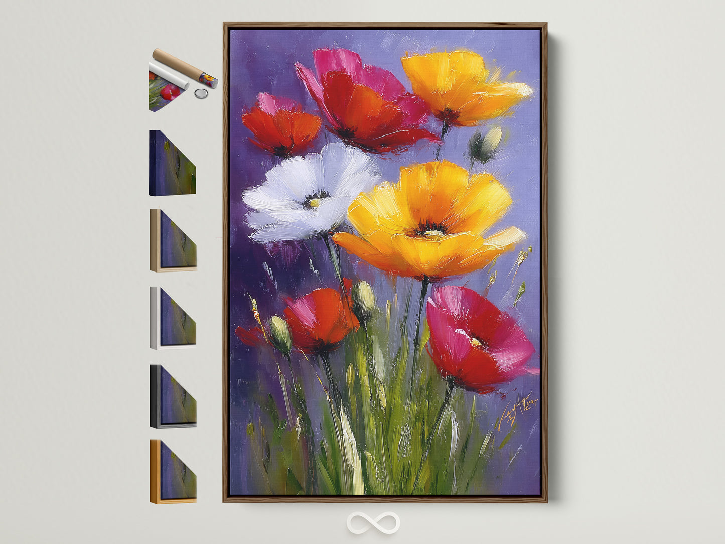 Explore frame options with this brown frame showcasing vibrant floral artwork. See how different frames enhance art. Discover the perfect frame for your style today. All frame options displayed on the side.