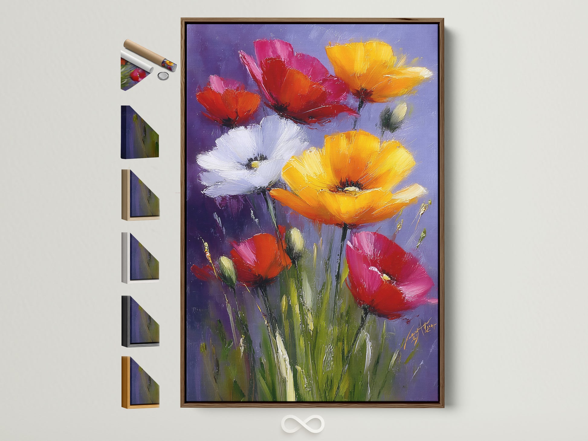 Explore frame options with this brown frame showcasing vibrant floral artwork. See how different frames enhance art. Discover the perfect frame for your style today. All frame options displayed on the side.
