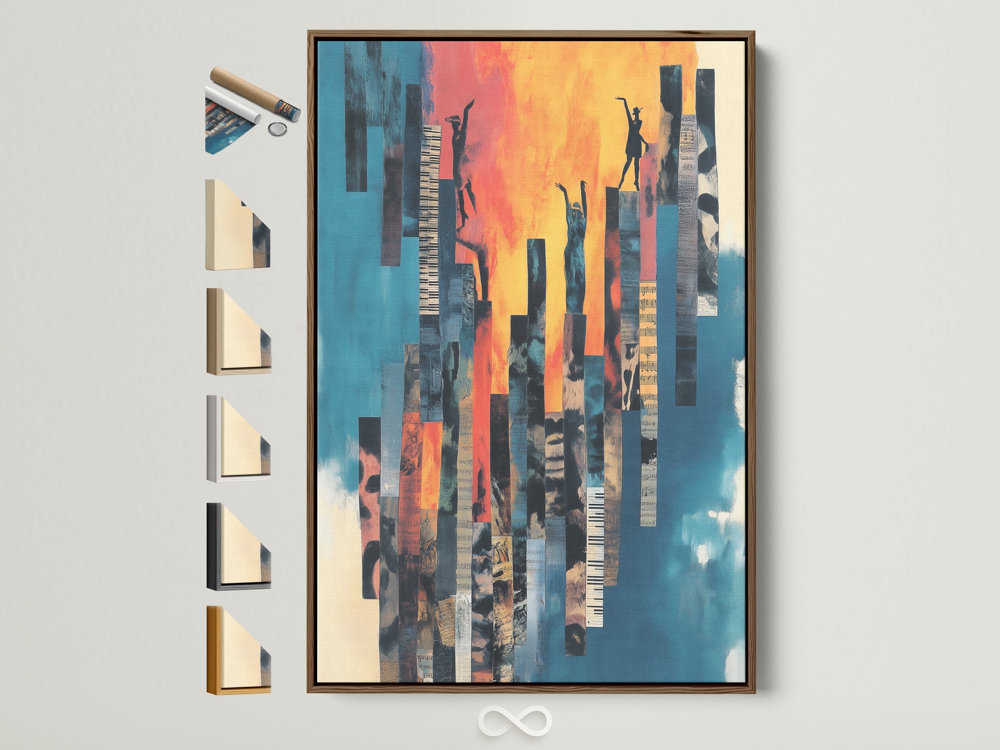 Abstract Figures Canvas Print in a brown frame. This modern musical wall art features teal blue and orange artwork. Perfect for studio decor. See all frame options available. Elevate your living space with vibrant art today. Great for music themed spaces and modern homes. This is inspiring artwork for any room.