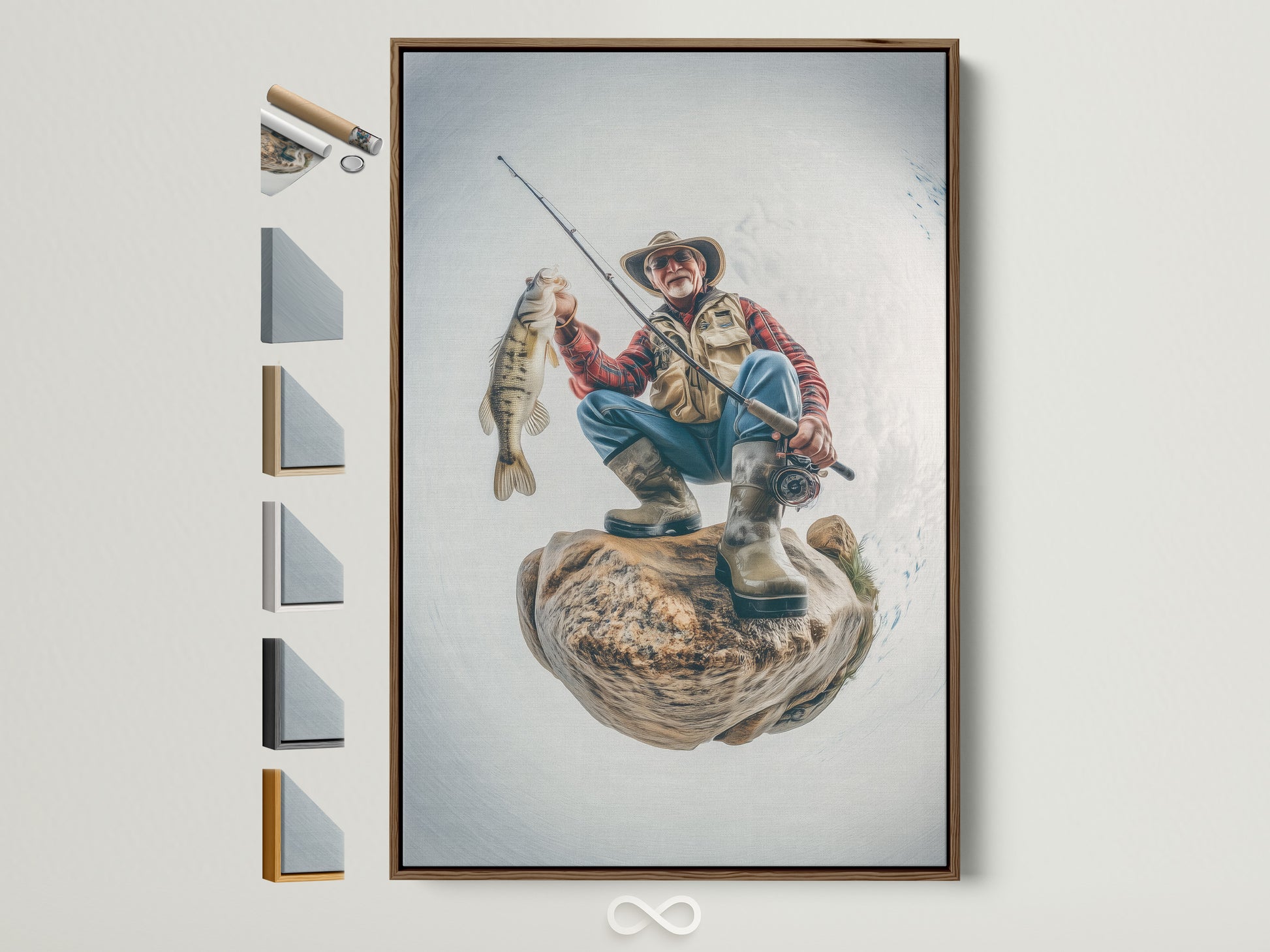 A framed artwork showcasing a fisherman with his catch adorns a wall. The artwork is displayed with various frame options beside it. Explore framing choices to enhance your artwork. Select the perfect frame to complement your style.