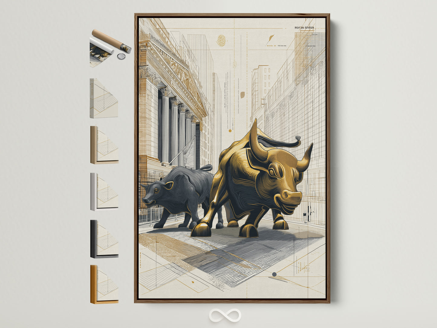 Framed artwork featuring a bull statue. The artwork is displayed with various frame options. Showcasing different styles to complement any space. Find the perfect frame to enhance your art.