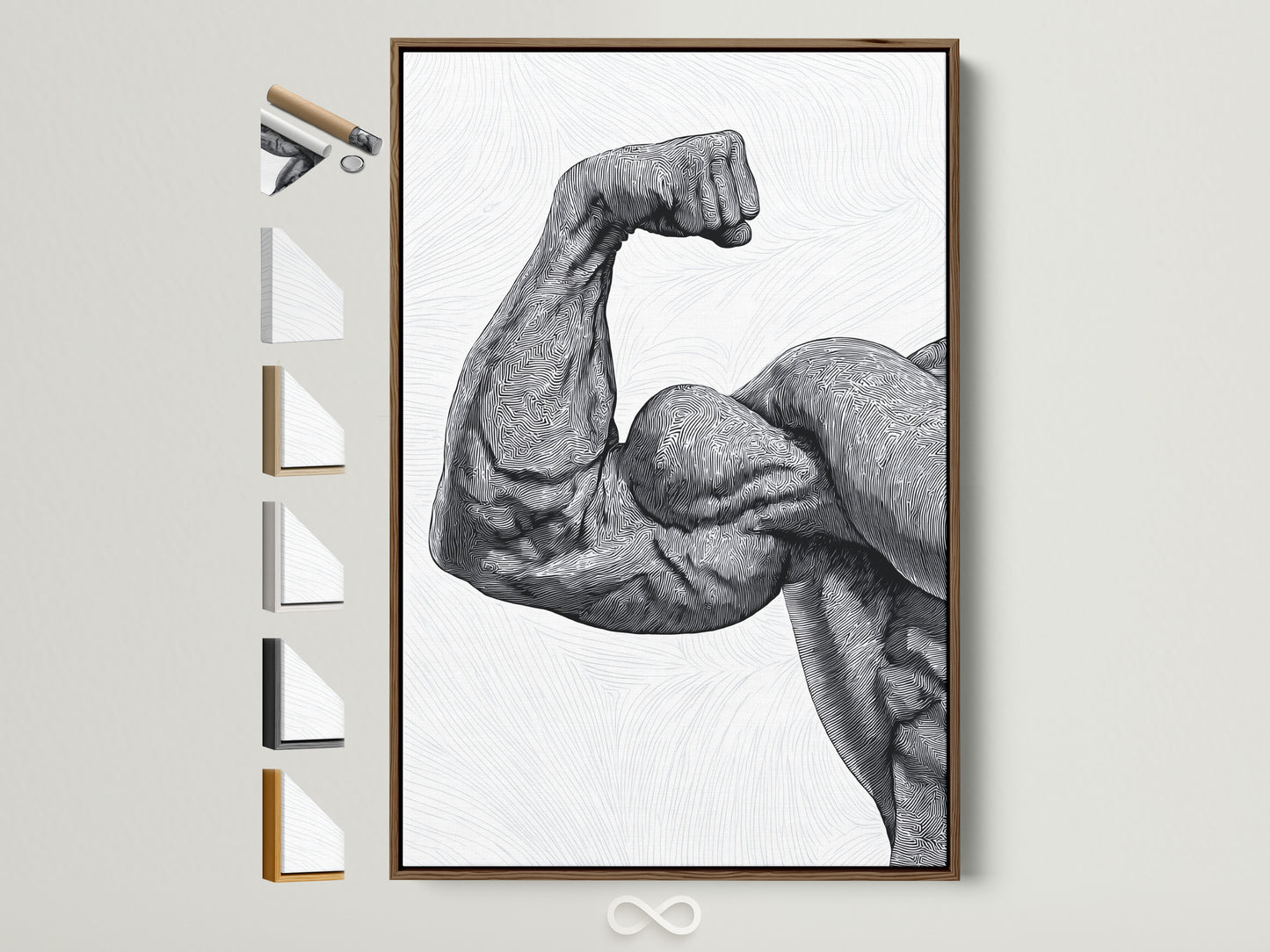 Framed art print featuring a detailed line drawing of a muscular arm. This artwork is showcased in a warm brown frame. Explore frame options to customize your art. Enhance your space with unique framed artwork. Find the perfect frame to complement your style. Discover high-quality art prints for your home or office.