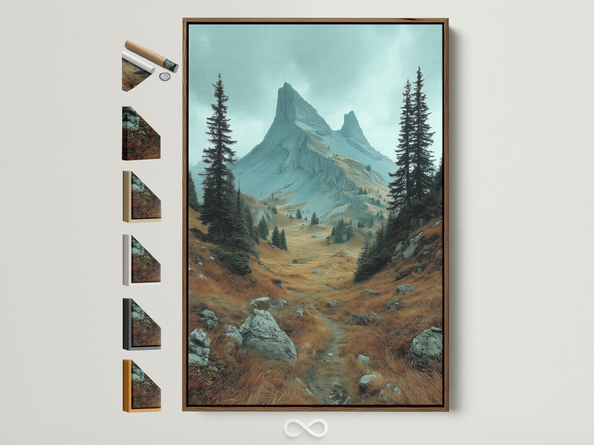 Brown frame mountain landscape artwork. This artwork captures an alpine valley with nature photography perfect for bedroom wall decor. Earth tones and rustic style enhance living spaces. It features a brown frame with all frame options displayed on the side.