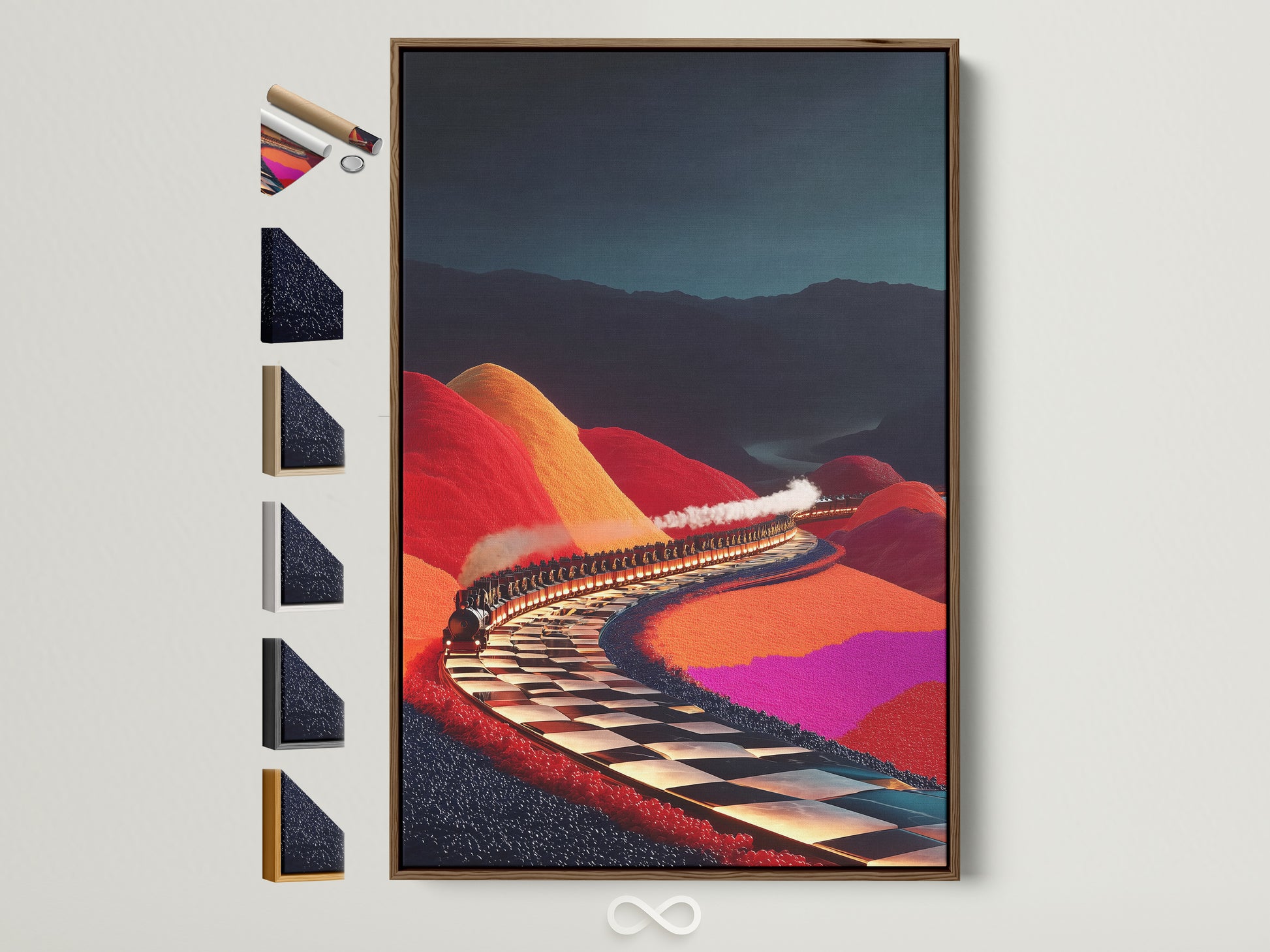 Surreal Train Ride artwork with a brown frame. This colorful landscape wall art features a whimsical train journey. See all frame options available. It's ideal for adding imagination to any game room or living space. Discover vibrant art prints for train enthusiasts and modern home decor.