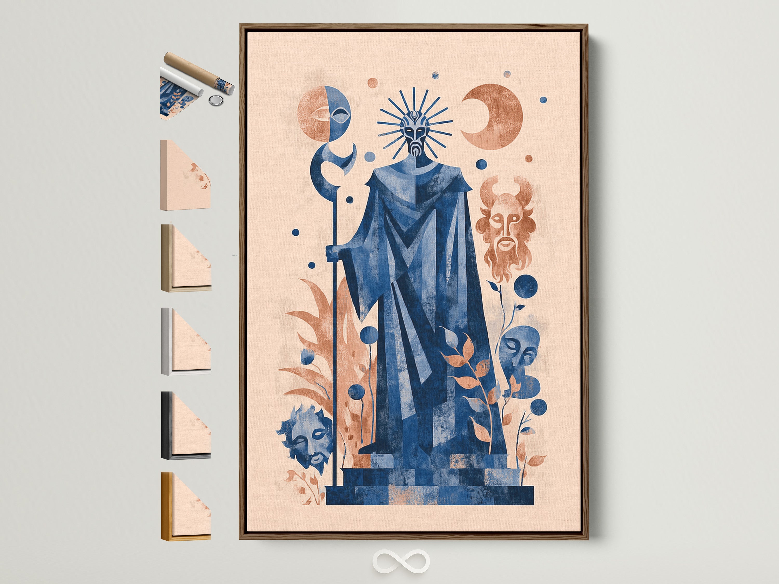 Mystical Tarot Art Print in a Brown Frame. This celestial blue sage artwork adds a bohemian spiritual touch to any meditation room. All frame options are displayed. Perfect for boho home decor or eclectic styles.