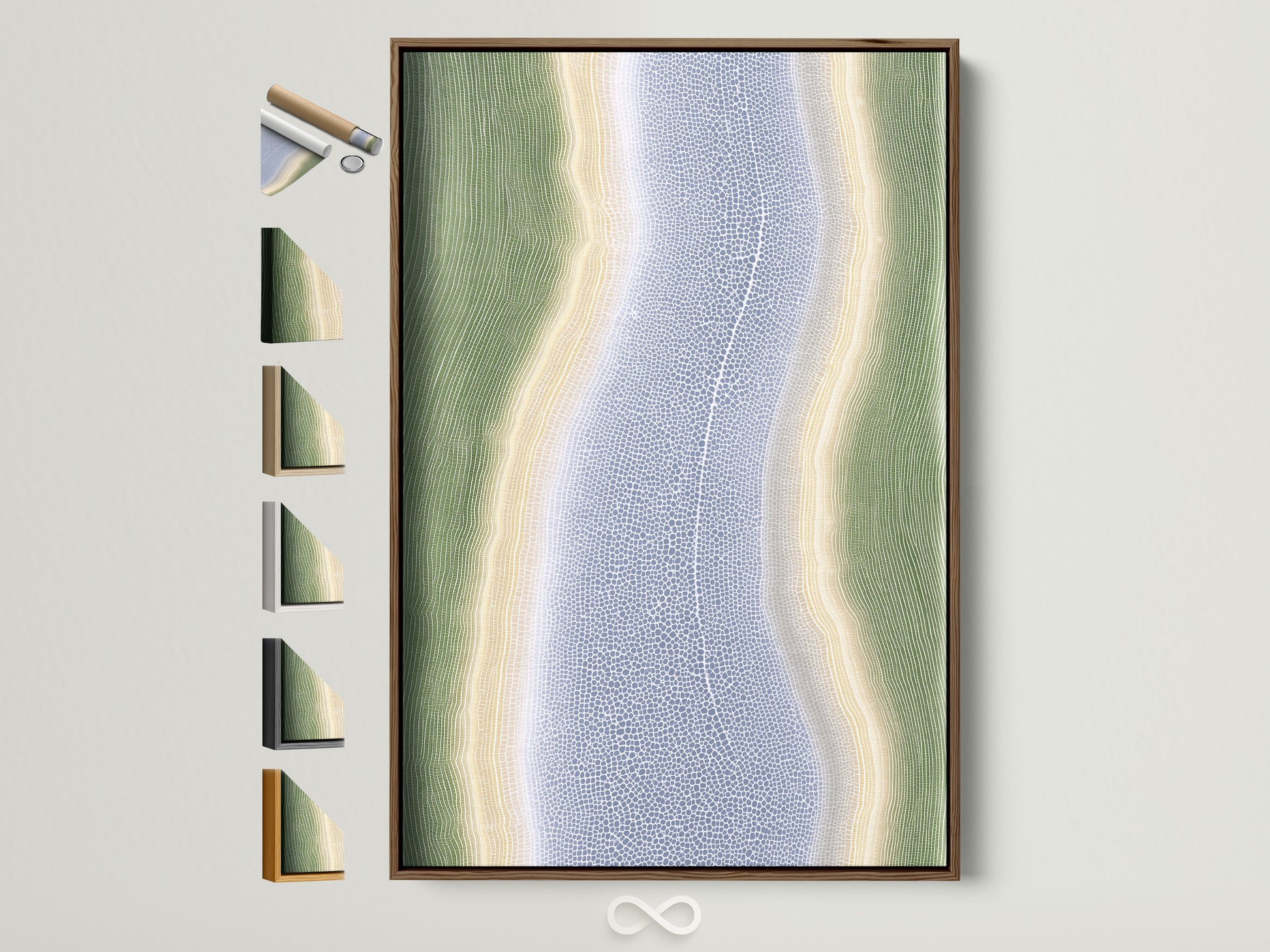 Abstract River Artwork with a Brown Frame. This artwork features sage green and lavender hues.  Various frame options are displayed.  Ideal for modern homes and office wall art. Perfect for adding a coastal or tropical touch to your space.
