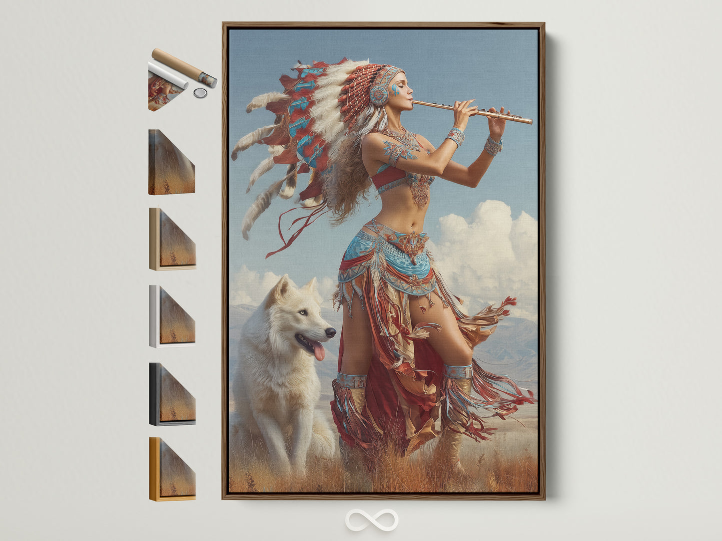 A captivating artwork is displayed in a brown frame. It shows a woman in Native American attire playing a flute. A white wolf sits beside her within a scenic landscape. Explore frame options to enhance your art.