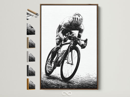Cycling art print in a brown frame. It showcases all frame options on the side. Elevate your home gym or office with this vintage bike wall art. Perfect for minimalist and contemporary styles. A great addition to your space