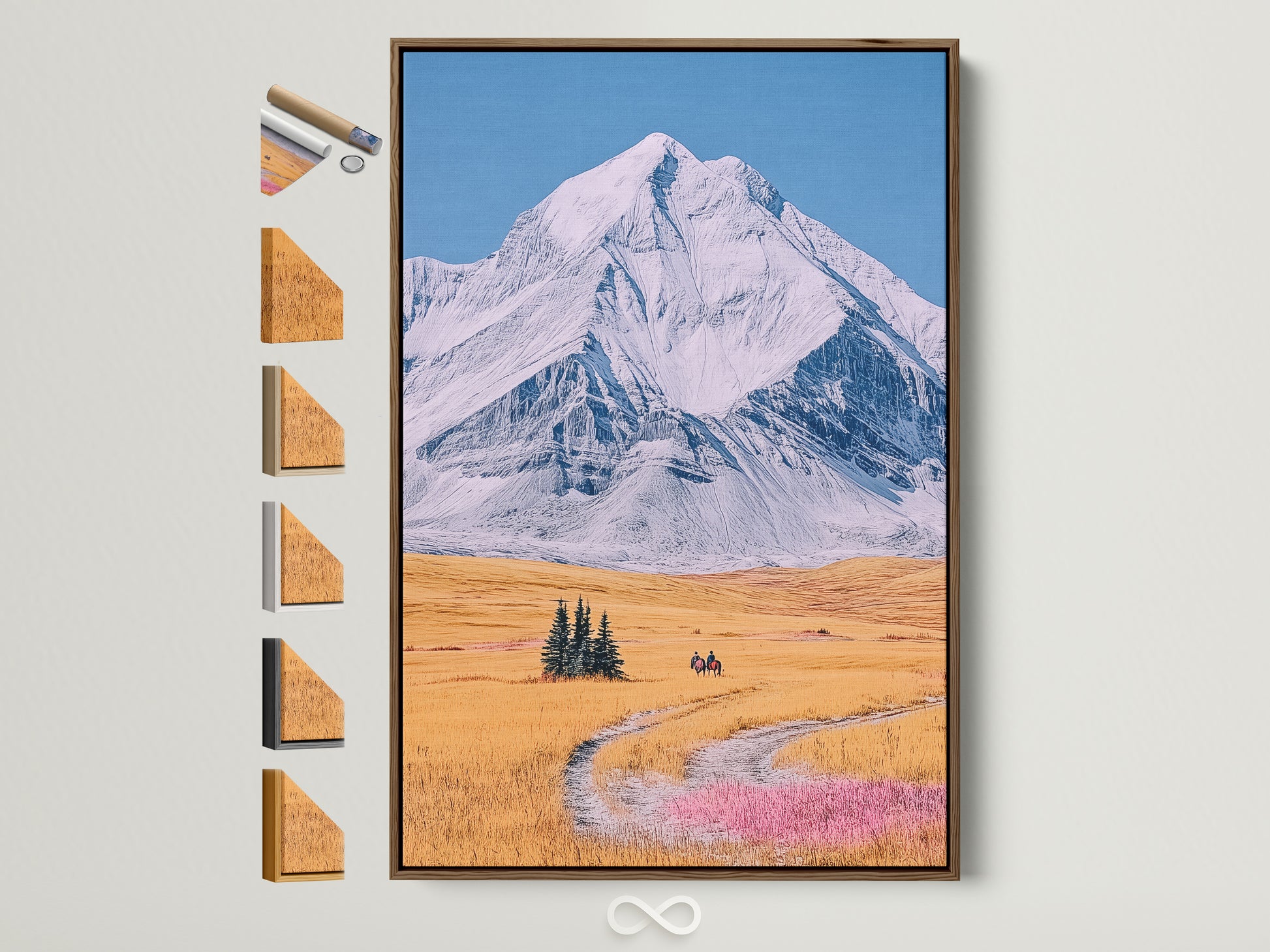A mountain peak artwork is displayed in a brown frame. This rustic wall decor showcases a snowy ridge landscape. Various frame options are visible on the side. It's perfect for farmhouse or ranch-style homes. This artwork adds an elevated touch to any living room bedroom or office.