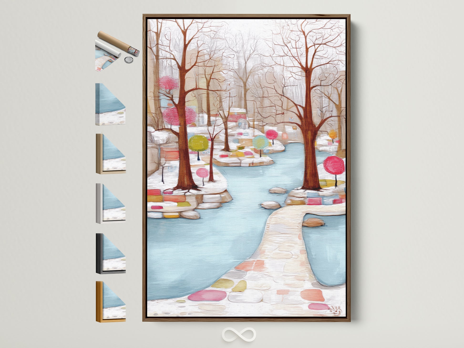 Winter Garden artwork is displayed in a brown frame. This pastel color artwork adds beauty to any room. You can see all frame options on the side. A colorful trees art that is nature inspired. Buy yours today