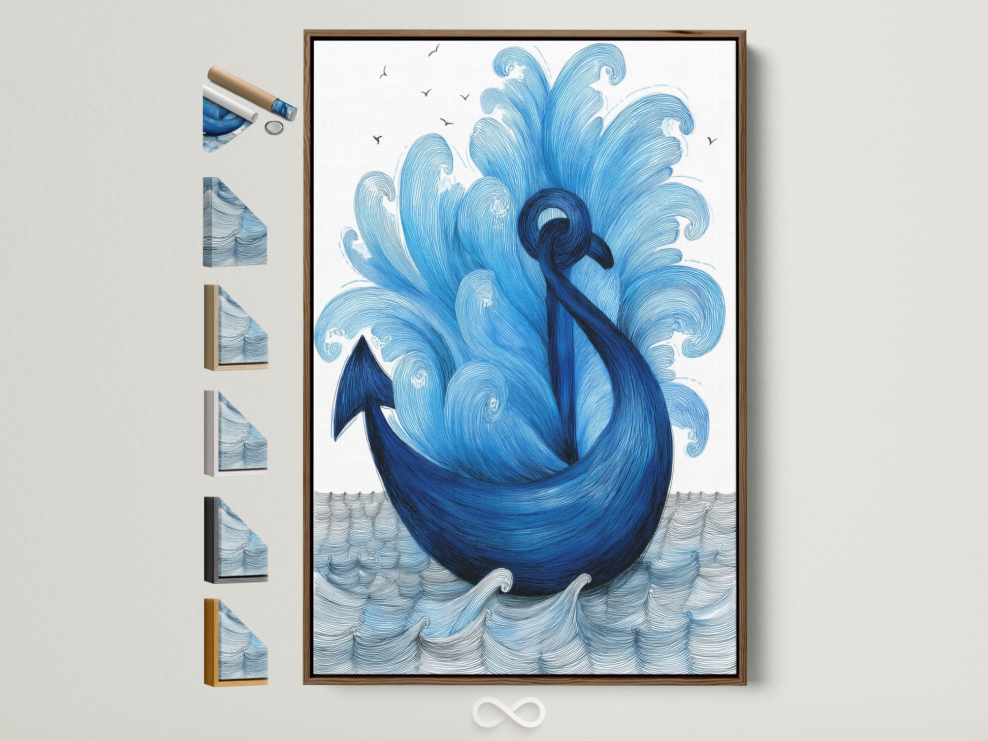 A captivating navy blue anchor artwork in a brown frame. See all frame options available to match your unique style. Perfect coastal artwork for bathroom decor. It enhances any space with a nautical theme. The framed artwork offers a beautiful focal point. This anchor wall art brings a touch of the ocean into your home.
