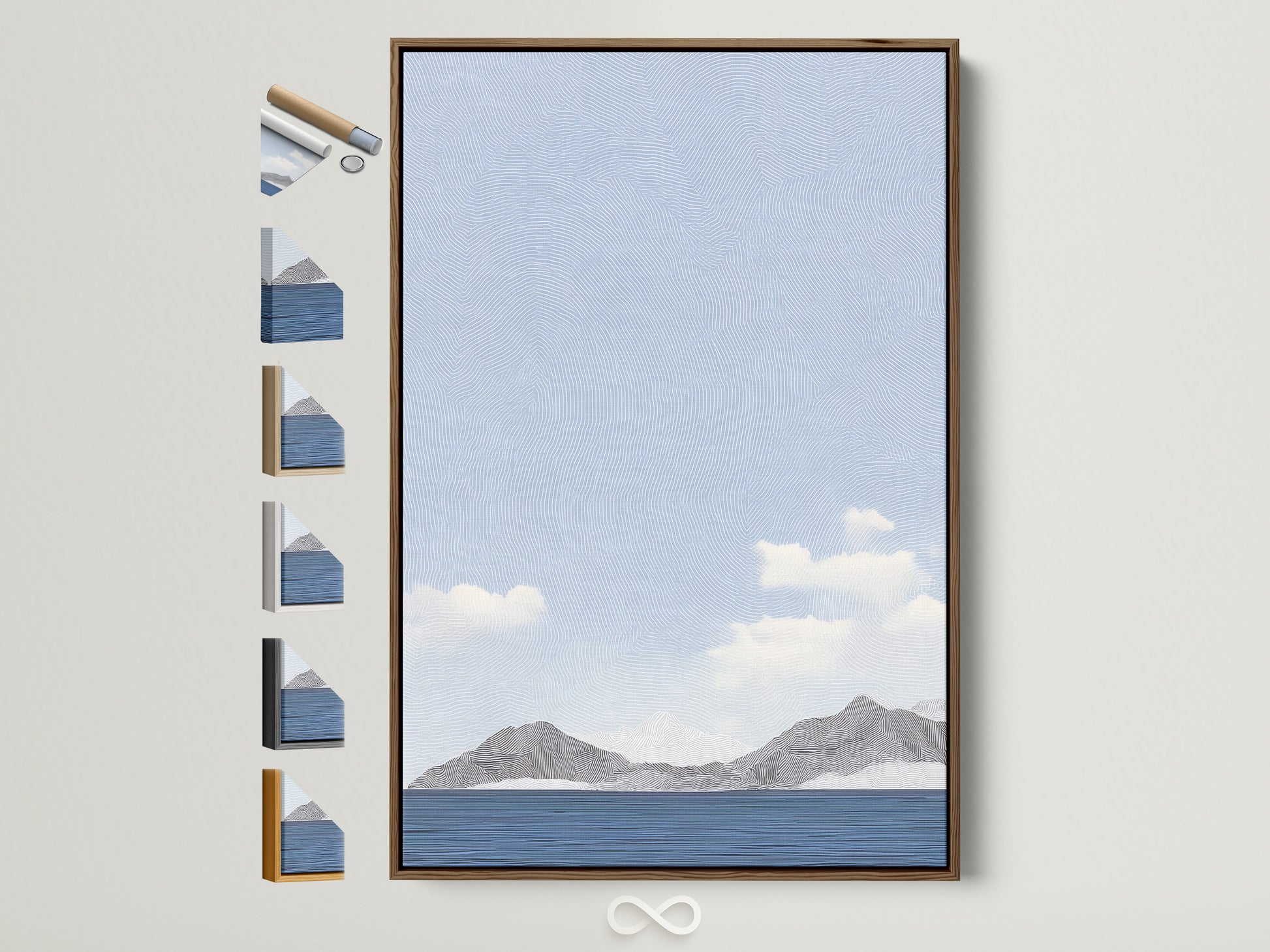 Explore framed art options. A brown frame displays artwork of mountains and water. See available frame colors and printing choices. Customize art to match your style. Frame options are displayed on the side.