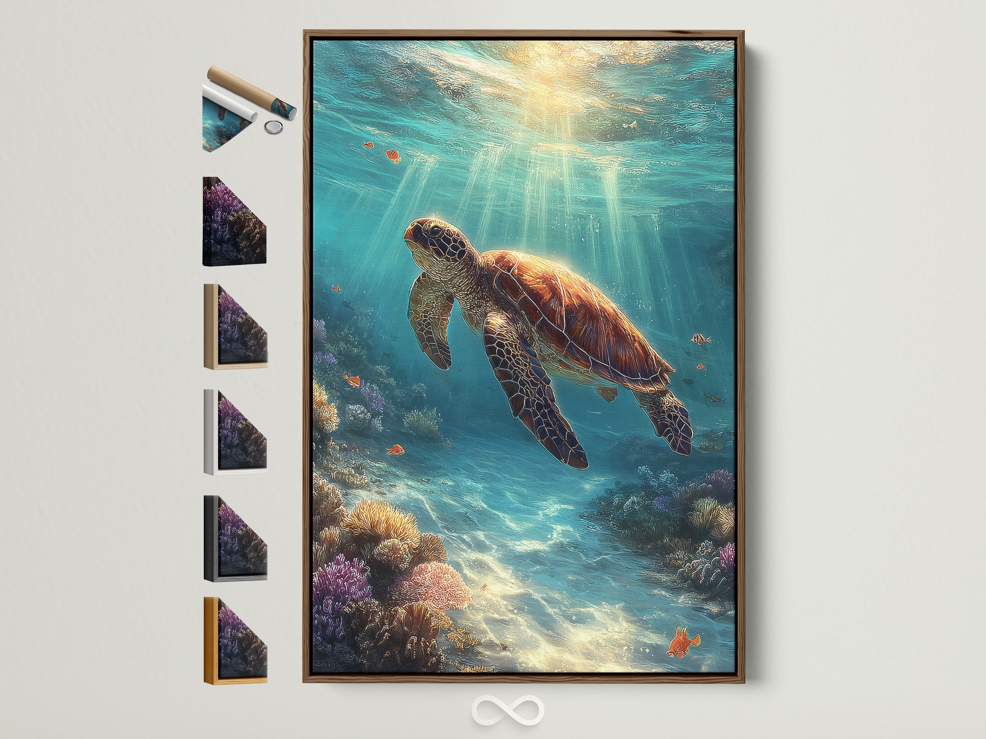 Brown frame displays a captivating sea turtle artwork. This underwater ocean wall art brings marine life into any room. Perfect coastal wall decor for a beach house or bathroom. Explore our frame options for this piece.