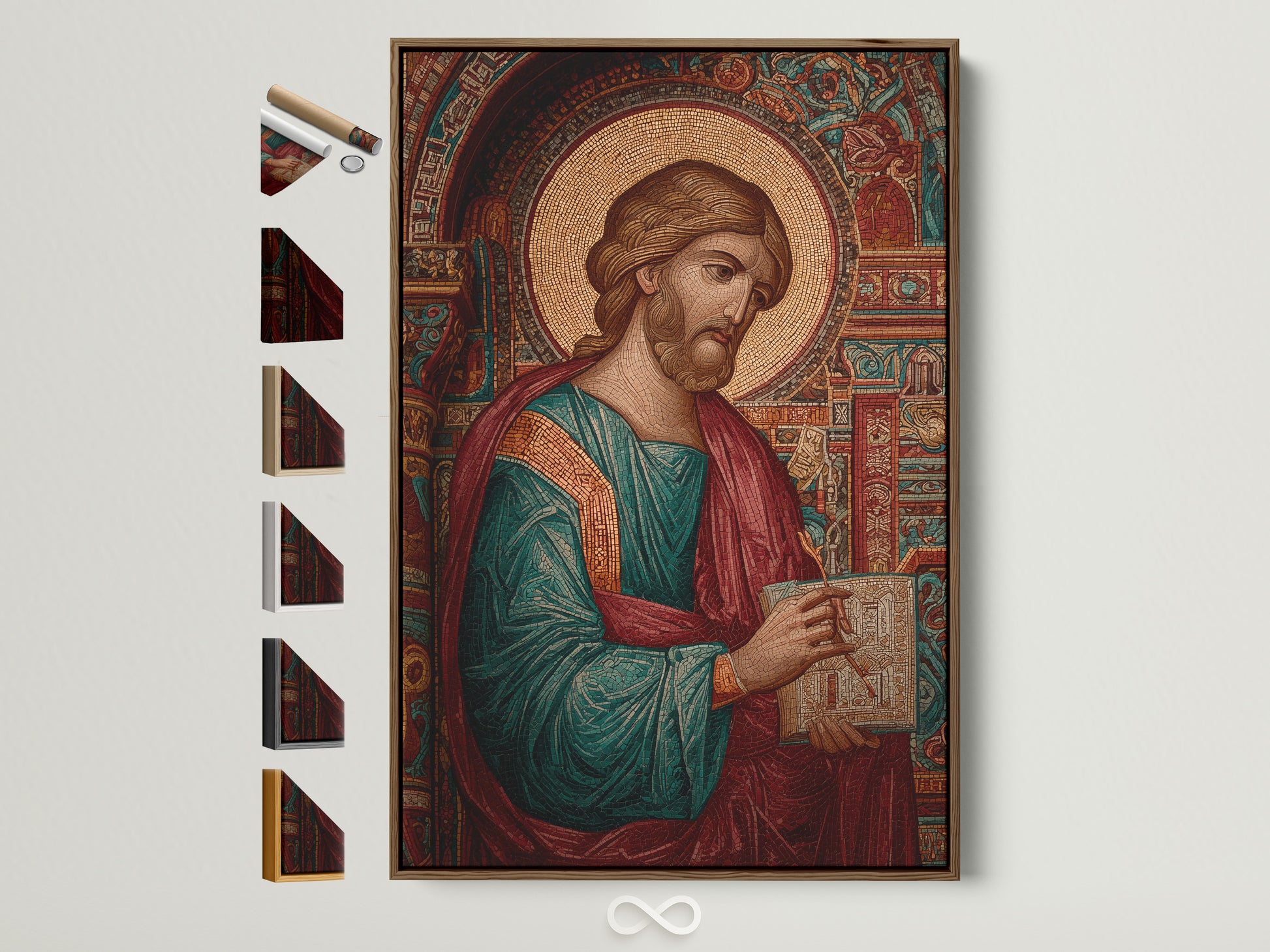 Artwork in a brown frame is displayed on a white wall. The artwork features a mosaic-style depiction of a religious figure. All frame options are visible. Enhance your space with framed art