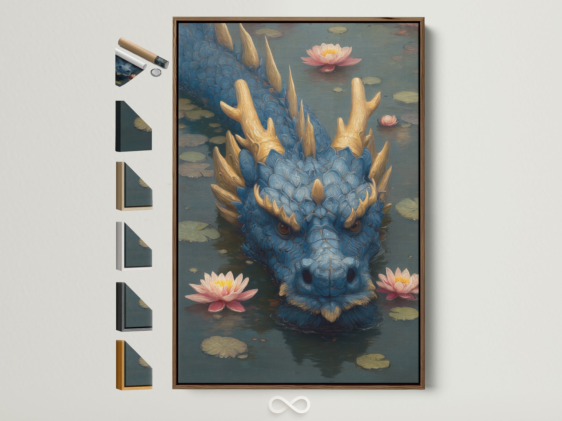 Framed artwork featuring a blue dragon emerging from a pond with pink lotus flowers. The art piece is displayed in a brown frame. Various frame styles and sizes are showcased along the side for available options. Enhance your space with custom framed art.