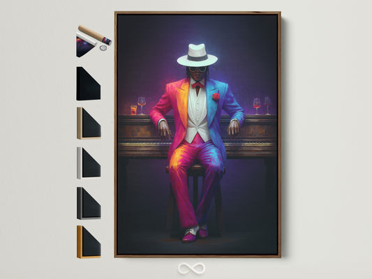 Neon Suit Portrait art in a brown frame. This contemporary artwork adds style to any room. See all available frame options on the side. Perfect for home or office wall decor. It suits modern eclectic or Art Deco styles. The primary color is purple and the secondary color is gold.