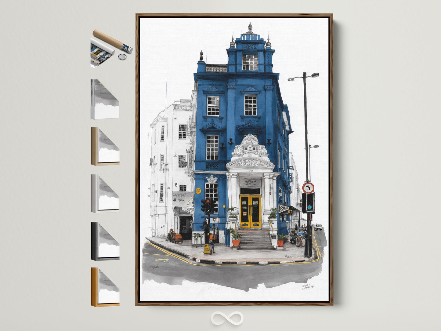 London Architecture Art in a brown frame. The artwork features a blue building with a yellow door. See all frame options to customize your London art. Perfect urban wall decor for your office or home.
