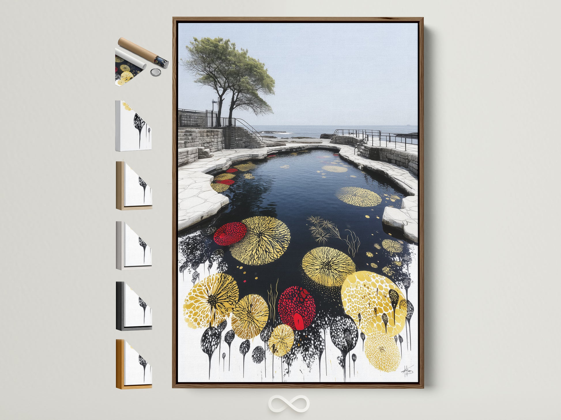 A brown frame displays all available frame options on the side. See options for fine art poster papers stretched canvas prints and floating frames. Find the perfect frame to display your Japanese Zen Garden Koi Pond artwork