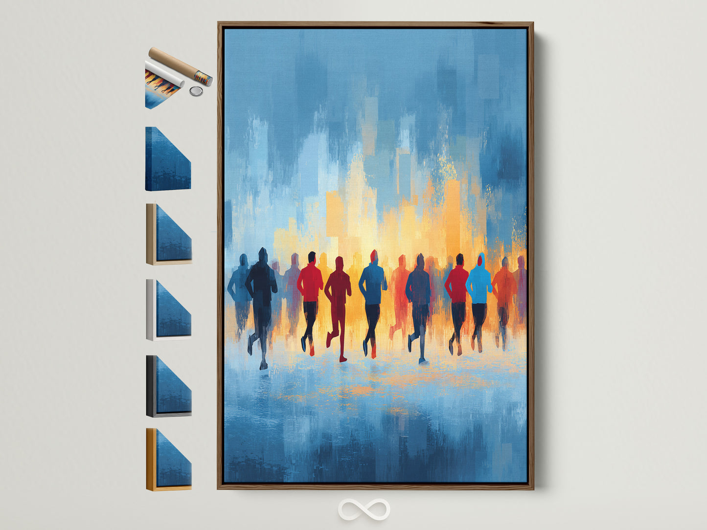 Abstract sports wall art featuring marathon runners in a brown frame. This motivational blue and orange artwork is perfect for a home gym or living room. Frame options are displayed. Enhance your space with inspirational art that celebrates fitness and running.