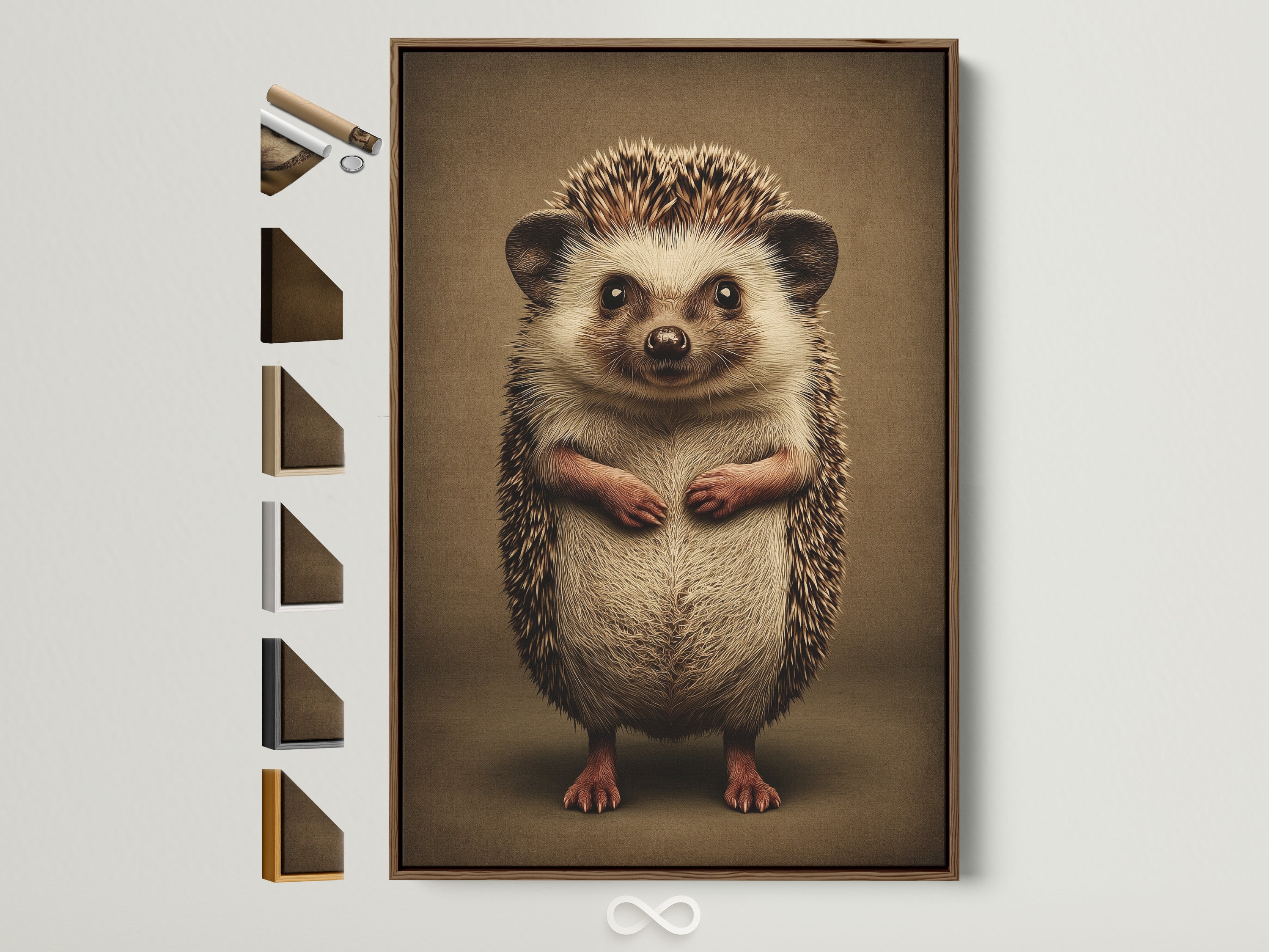 Hedgehog wall art in a beige living room. The woodland animal canvas print features a cute hedgehog. It's framed in a brown floating frame. See frame options displayed on the side. Perfect kids room decor.