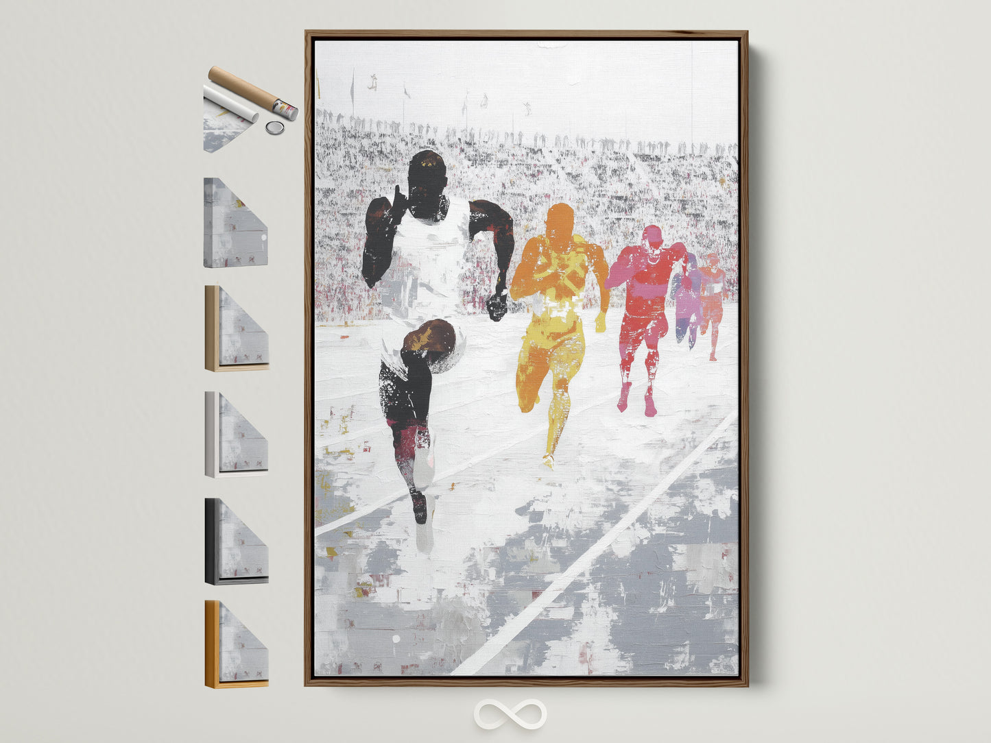 Marathon Runners artwork with a brown frame. This athletic sports wall artwork features colorful abstract running figures. See all frame options available on the side. It is perfect for adding a motivational touch to your home gym or sports-themed space.