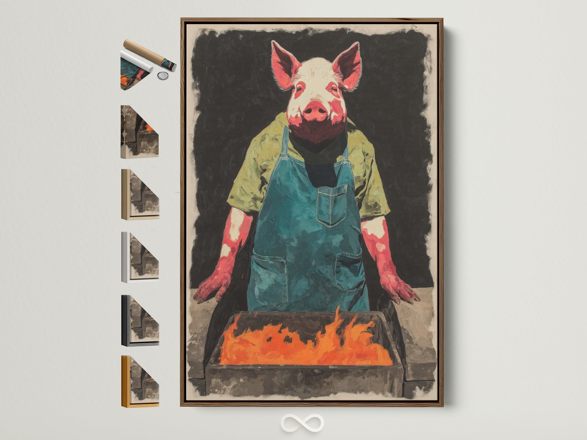 A framed Pig Chef canvas print hangs on a white wall. The artwork features a pig wearing a green apron tending a fiery BBQ. This quirky animal kitchen art adds a humorous touch to any dining room. The brown frame complements the rustic style of the art. Frame options are displayed to the side.