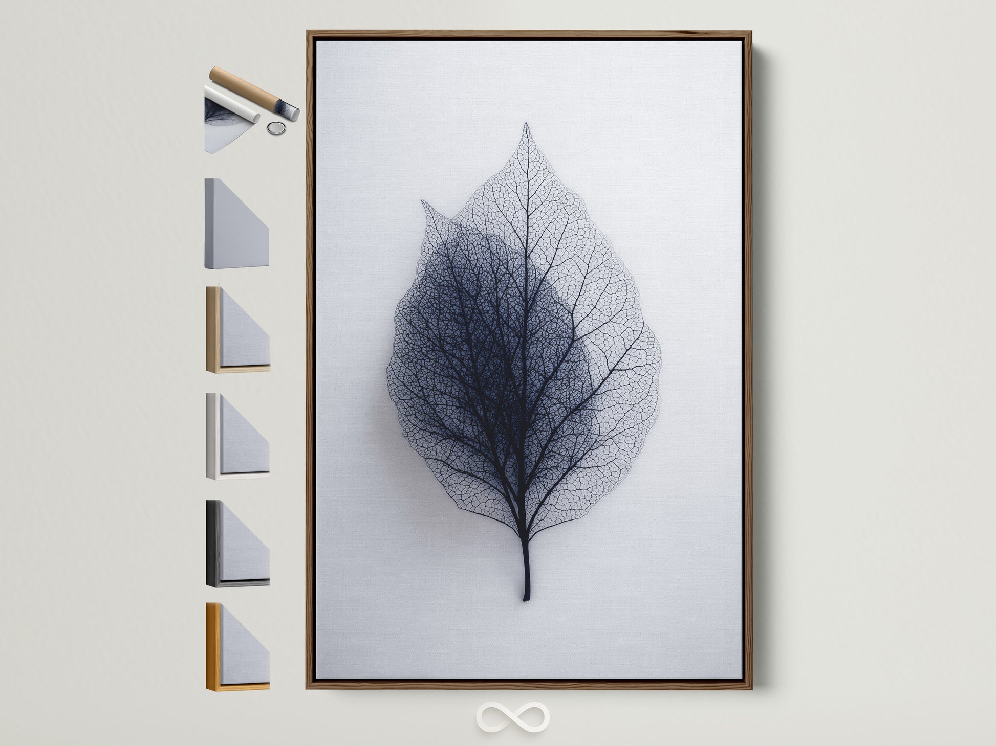 Framed leaf art options on display. A brown frame showcases the artwork. See all frame colors next to the displayed art. Find the perfect frame to complement your style. Decorate your space with framed art.