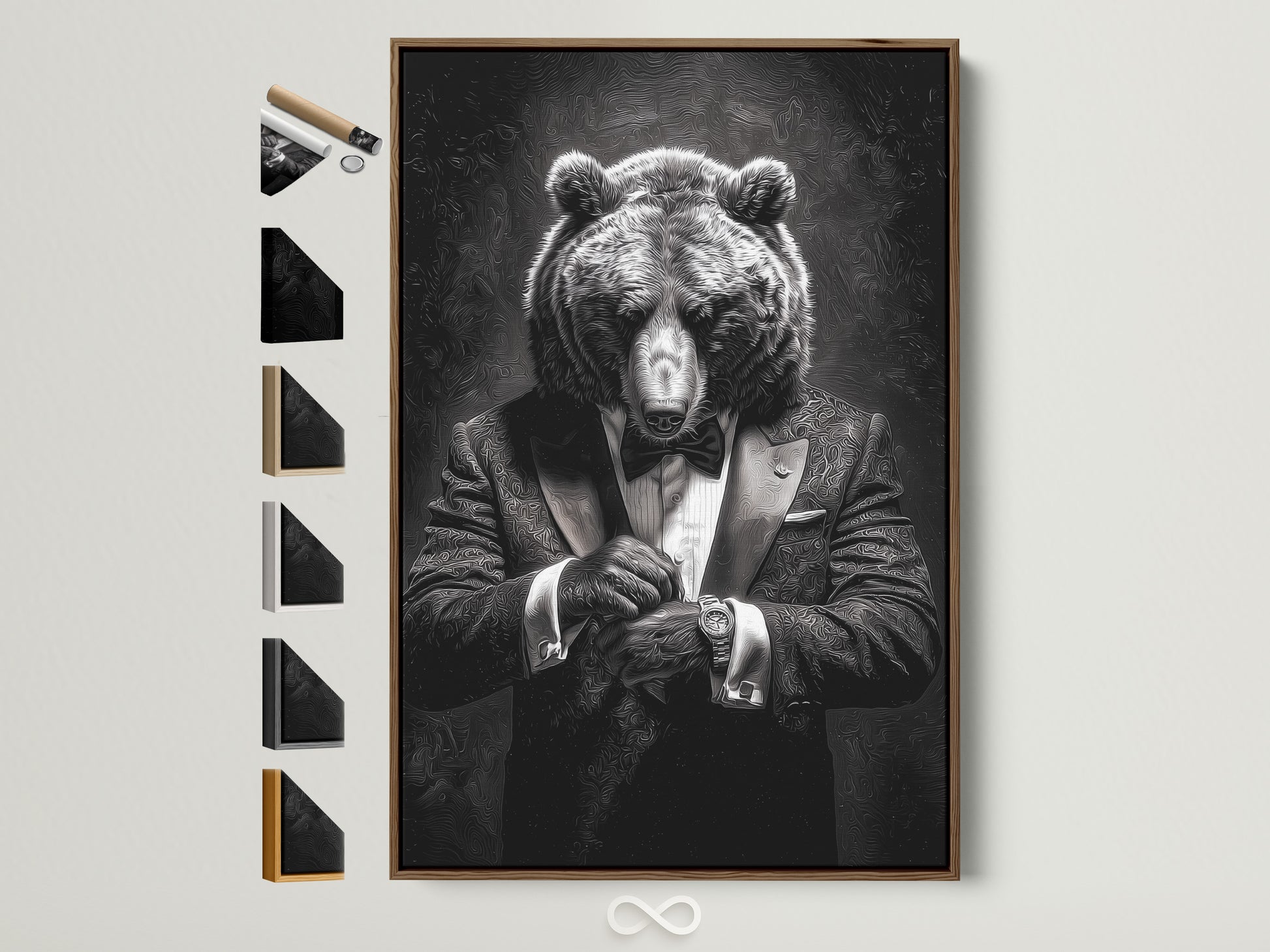 A stylish artwork featuring a bear in a tuxedo is displayed in a brown frame. The artwork is hung on a white wall. Frame options are visible on the side. This framed art adds a touch of sophistication to any room. Perfect for animal lovers and art enthusiasts alike. Discover unique framed art to elevate your home decor.