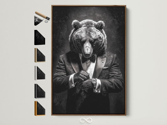 A stylish artwork featuring a bear in a tuxedo is displayed in a brown frame. The artwork is hung on a white wall. Frame options are visible on the side. This framed art adds a touch of sophistication to any room. Perfect for animal lovers and art enthusiasts alike. Discover unique framed art to elevate your home decor.