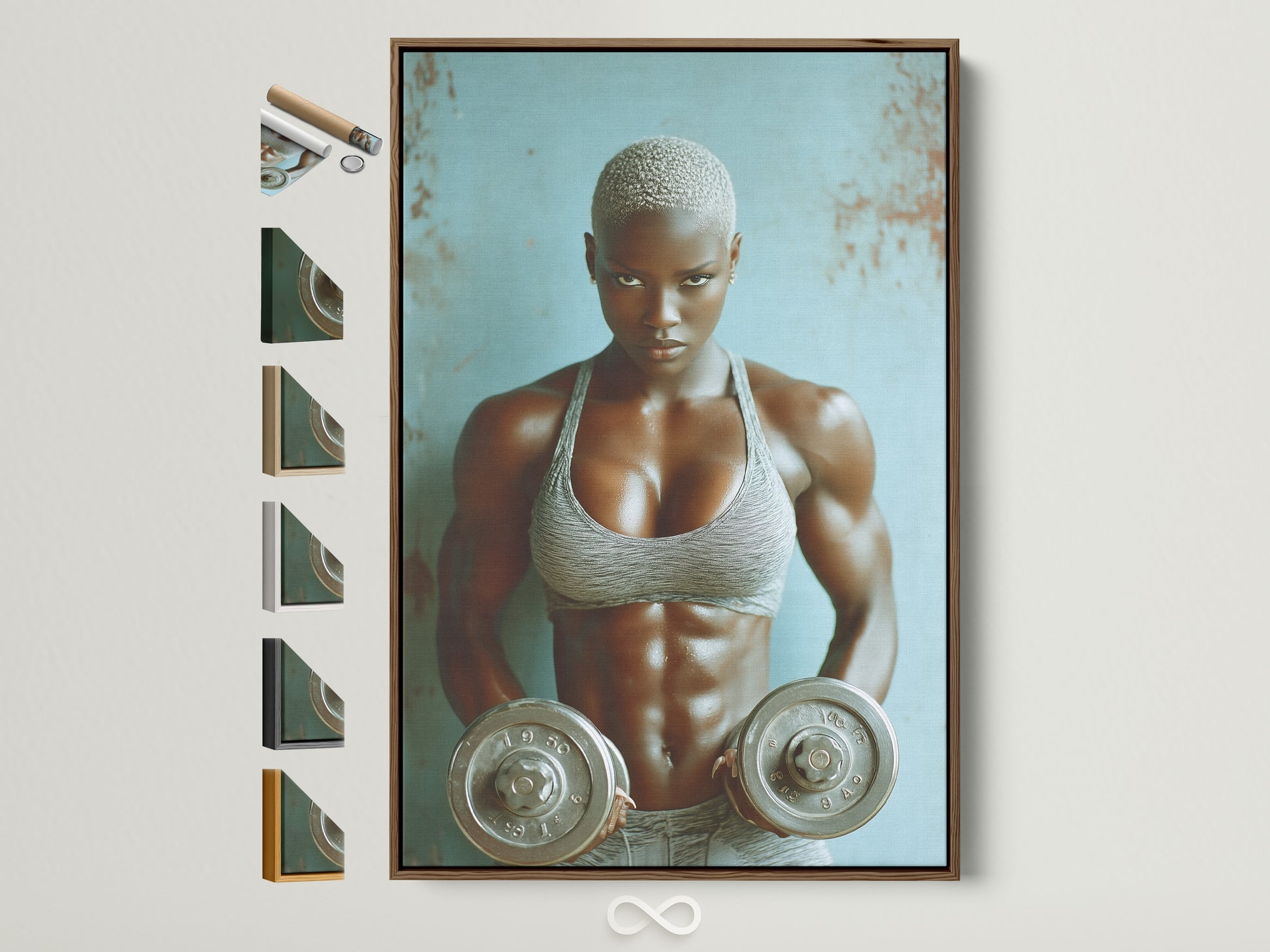 Strong woman fitness art in a brown frame. Weightlifting canvas print displayed with frame options. Perfect gym motivation wall art for a home gym or workout room. The artwork adds a contemporary style with grey and blue tones.