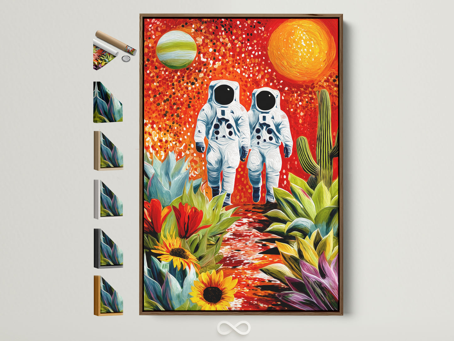 Astronauts artwork is displayed in a brown frame. The artwork features two astronauts walking through a surreal desert landscape. The frame options are visible on the side. Explore our range of frame styles to perfectly match your decor Space exploration artwork.