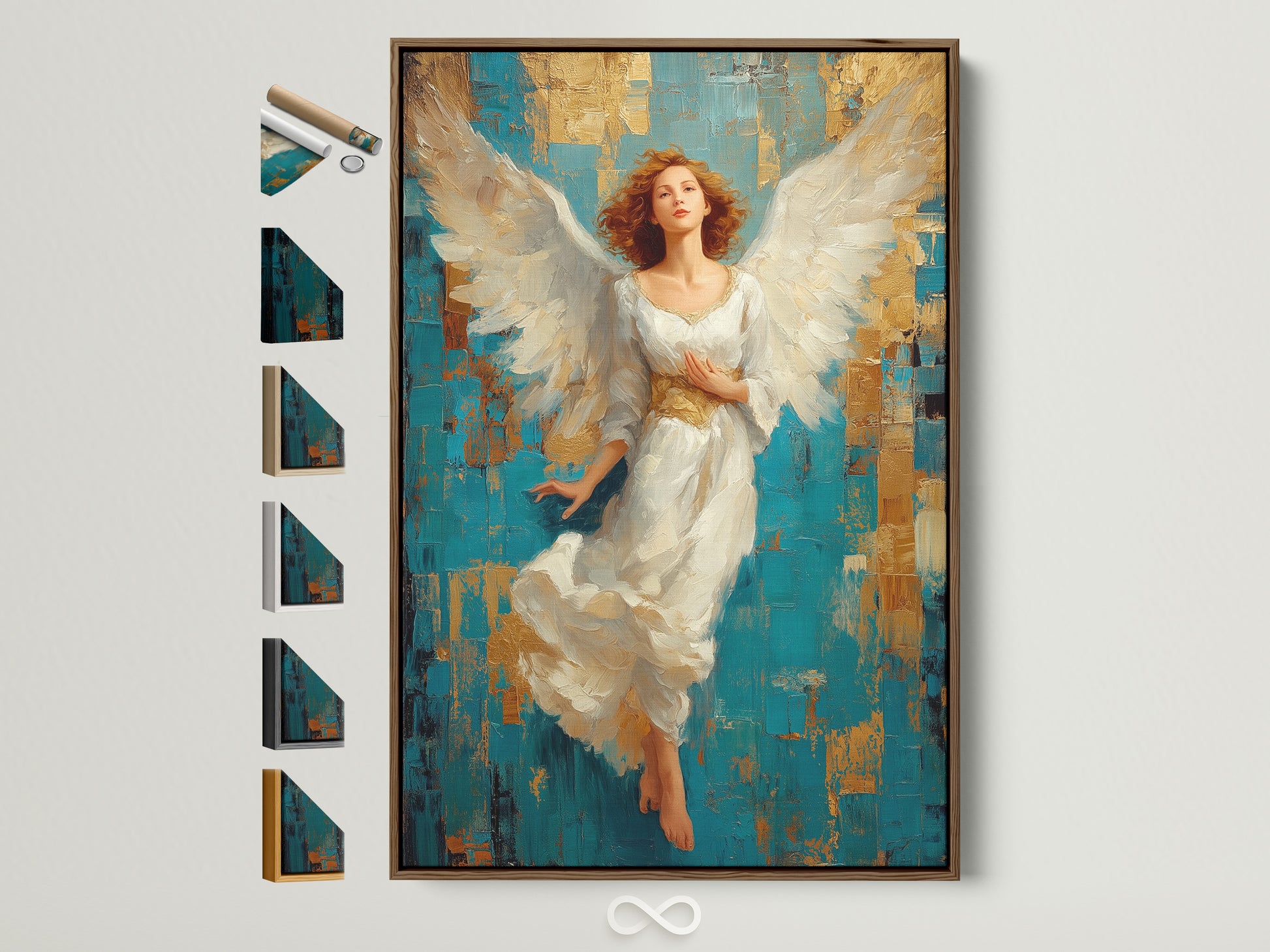 Explore framing options with this brown frame showcasing various styles. See how different frames enhance this angel artwork. Find the perfect frame to complement your art. A variety of frames are displayed.