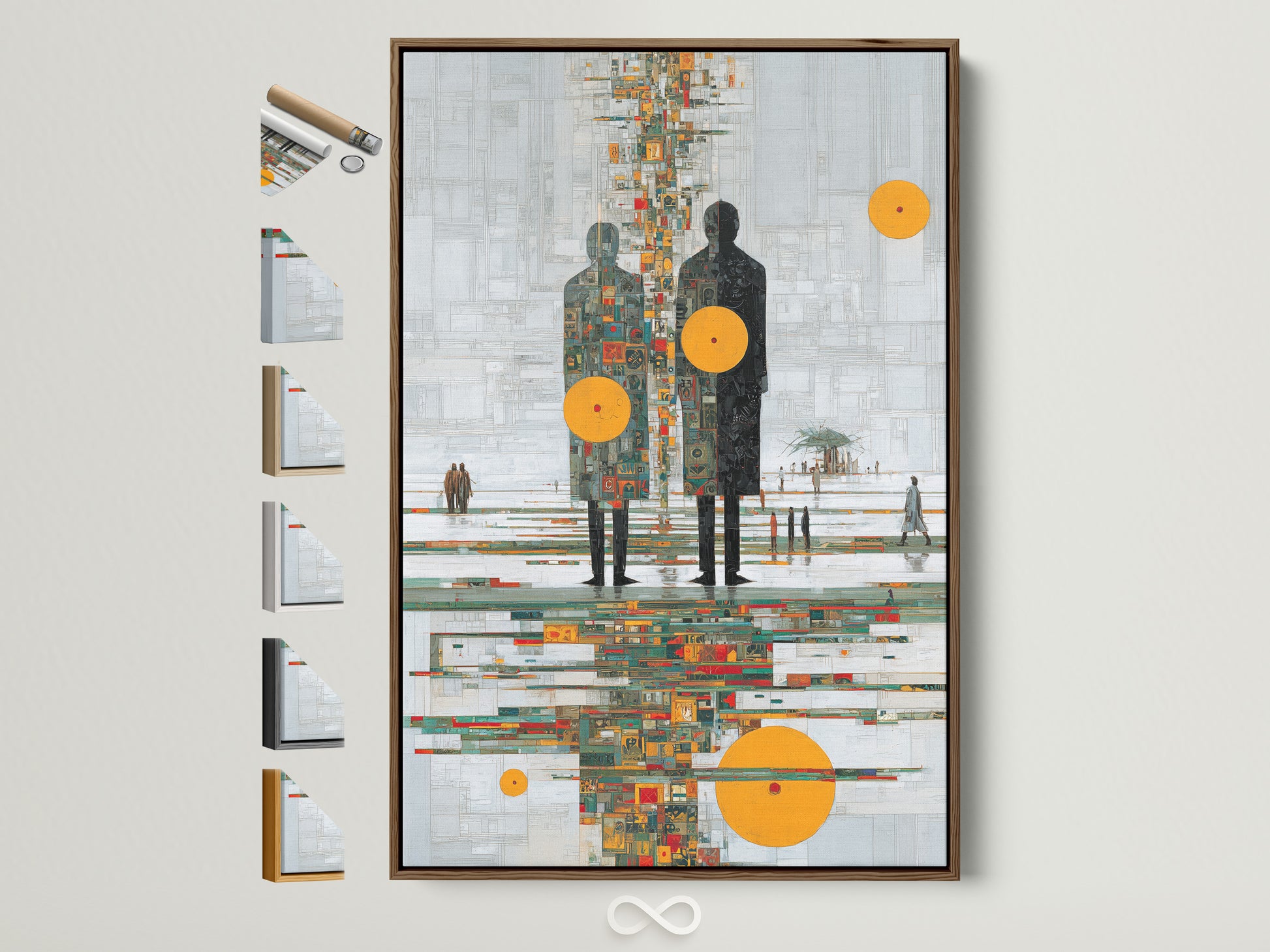 Framed abstract human figures artwork with an orange circle. The brown frame showcases all available frame options. Perfect for contemporary or mid-century modern spaces. Elevate your living room or office decor with this reflection print. A stylish addition to any art collection.