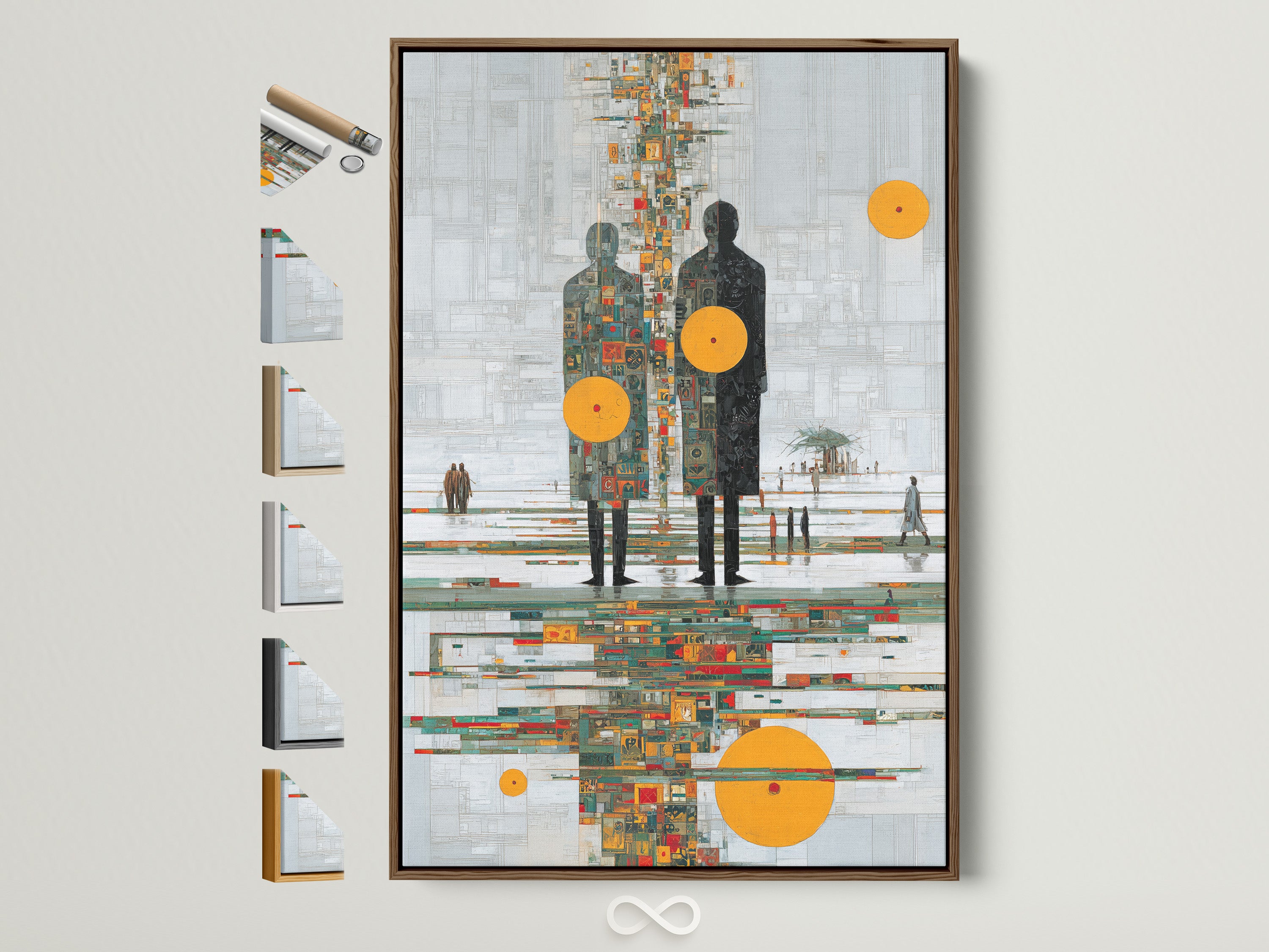 Framed abstract human figures artwork with an orange circle. The brown frame showcases all available frame options. Perfect for contemporary or mid-century modern spaces. Elevate your living room or office decor with this reflection print. A stylish addition to any art collection.